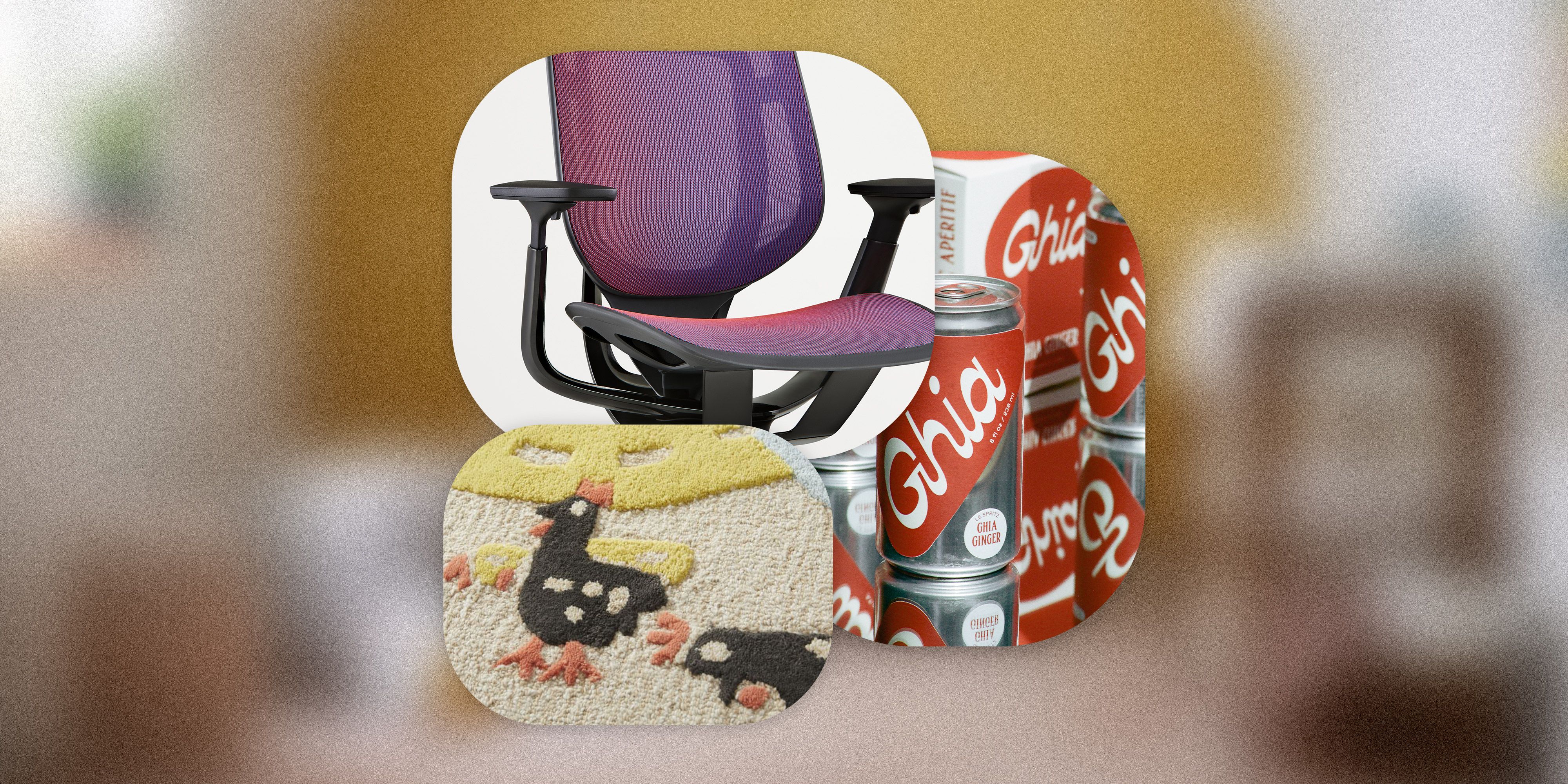 window shopping chair, ghia drink, rug detail