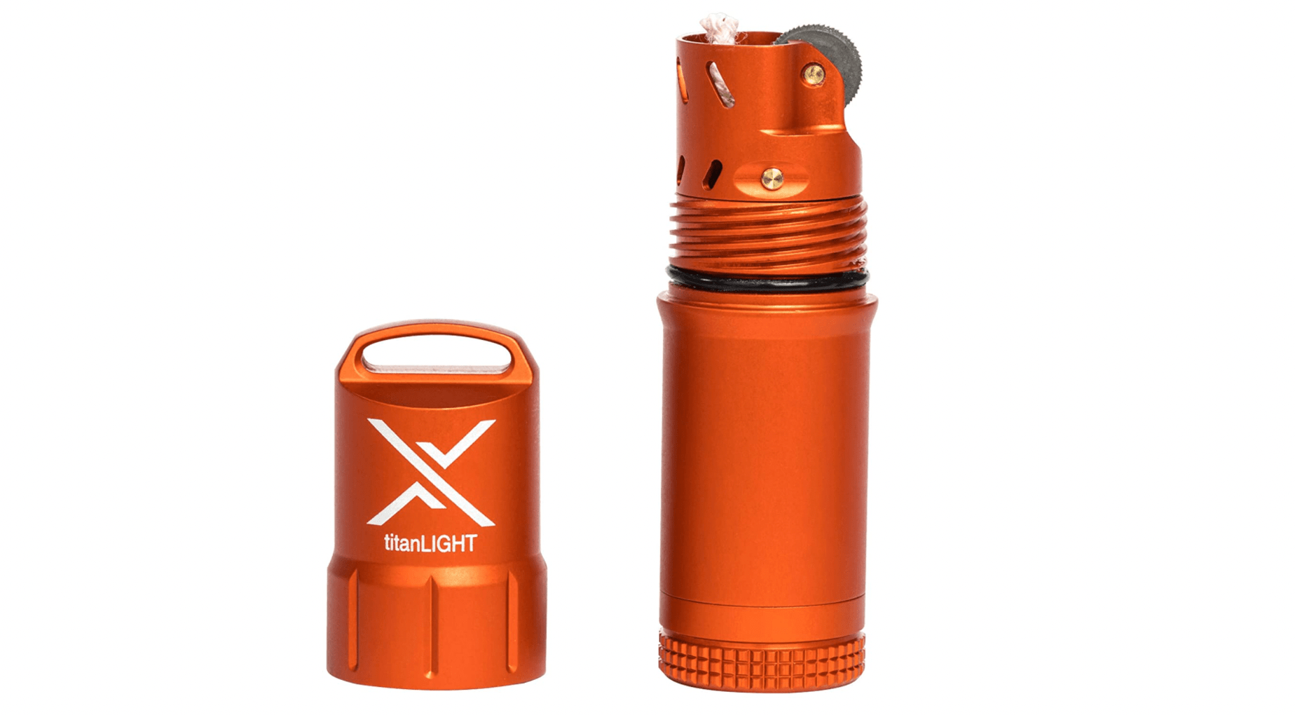exotac titanlight evaporation proof fuel lighter with included flint starter for emergency kit, hiking, campfires, and essential supplies orange