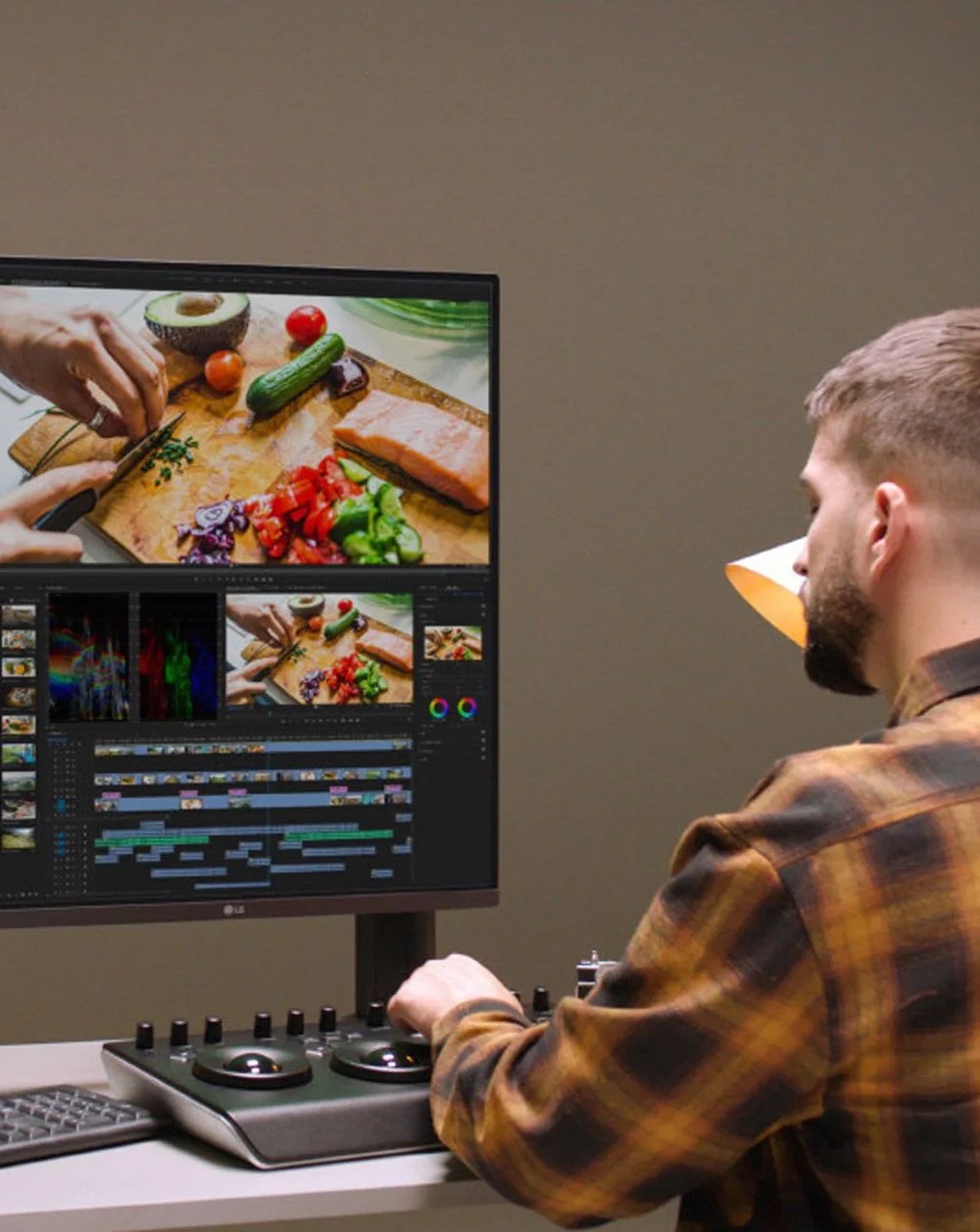 man using lg dual up monitor