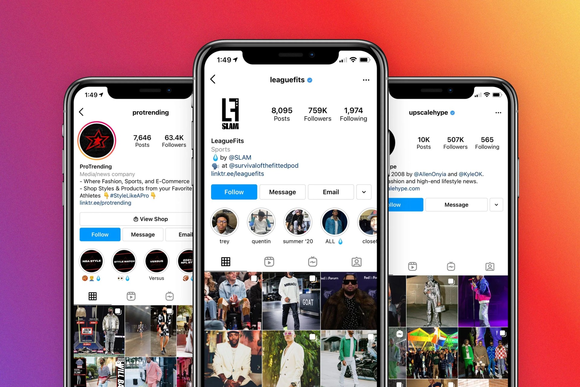 leaguefits, upscalehype, and protrending instagram accounts