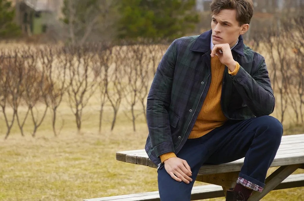 man wearing brooks brothers tartan jacket