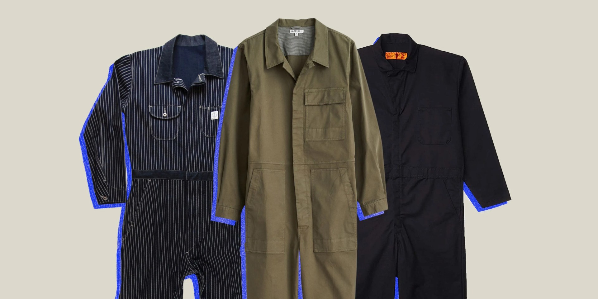 three men's jumpsuits in stripe, green, and black