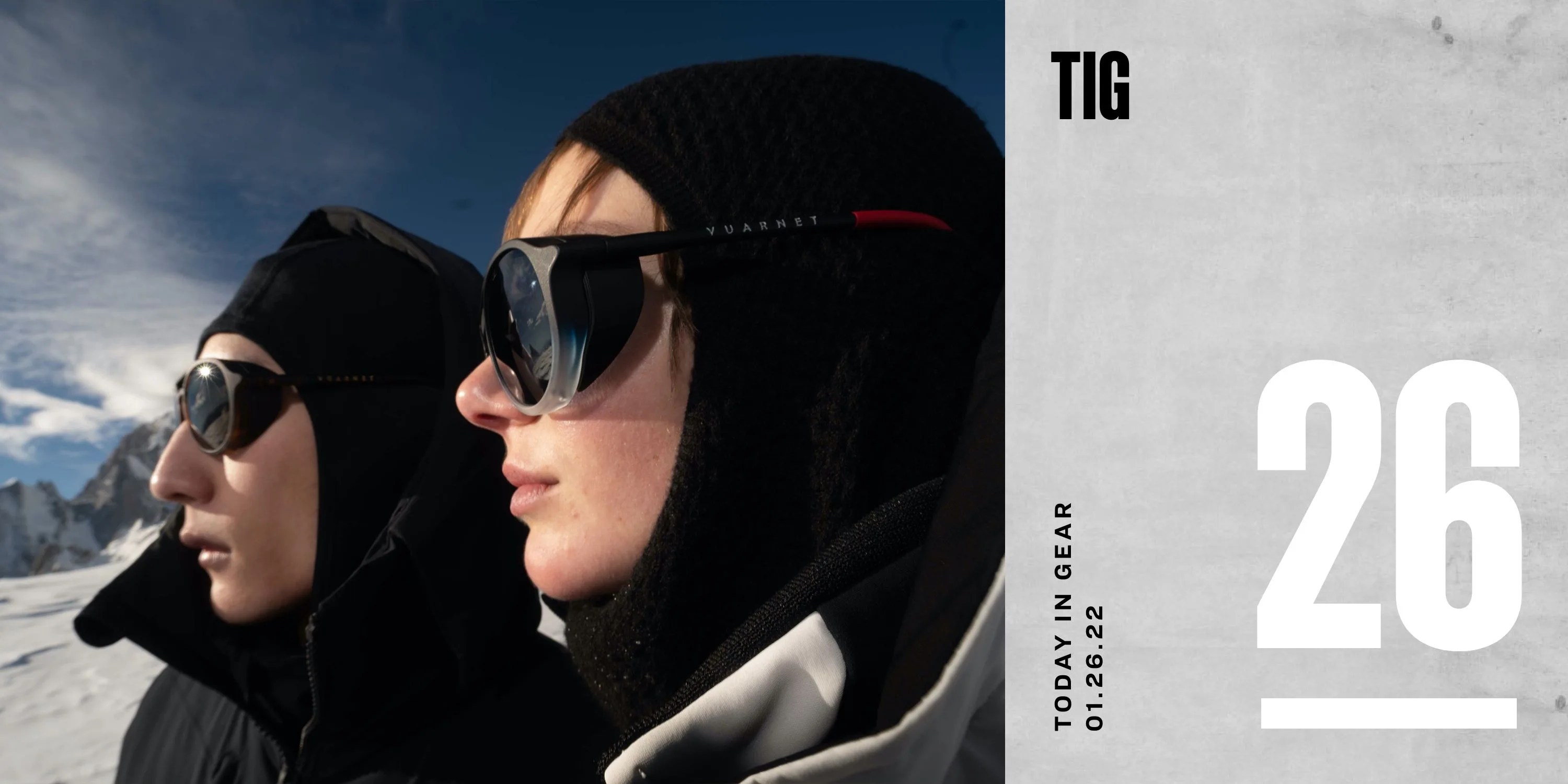 today in gear january 26 two people wearing vuarnet sunglasses on snowy mountain