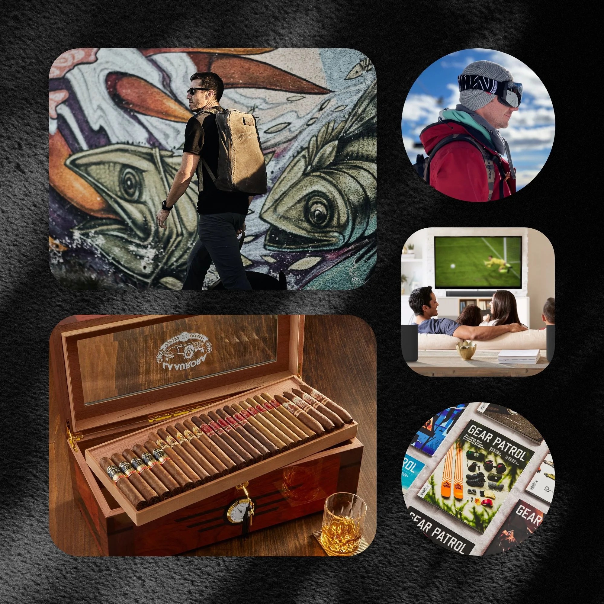 man wearing a goruck backpack,a la aurora humidor, a family enjoying a roku streaming bundle setup, a man wearing outdoor master goggles, and several copies of gear patrol magazine laying flat