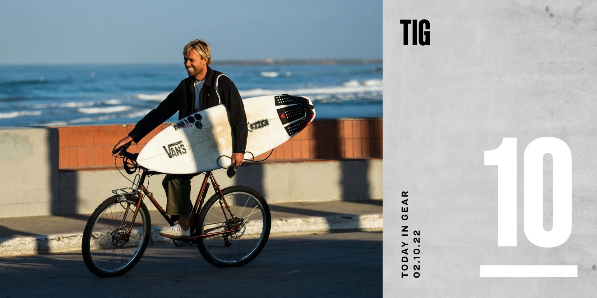 today in gear february 10 2022 man riding bicycle carrying surboard wearing vans shoes