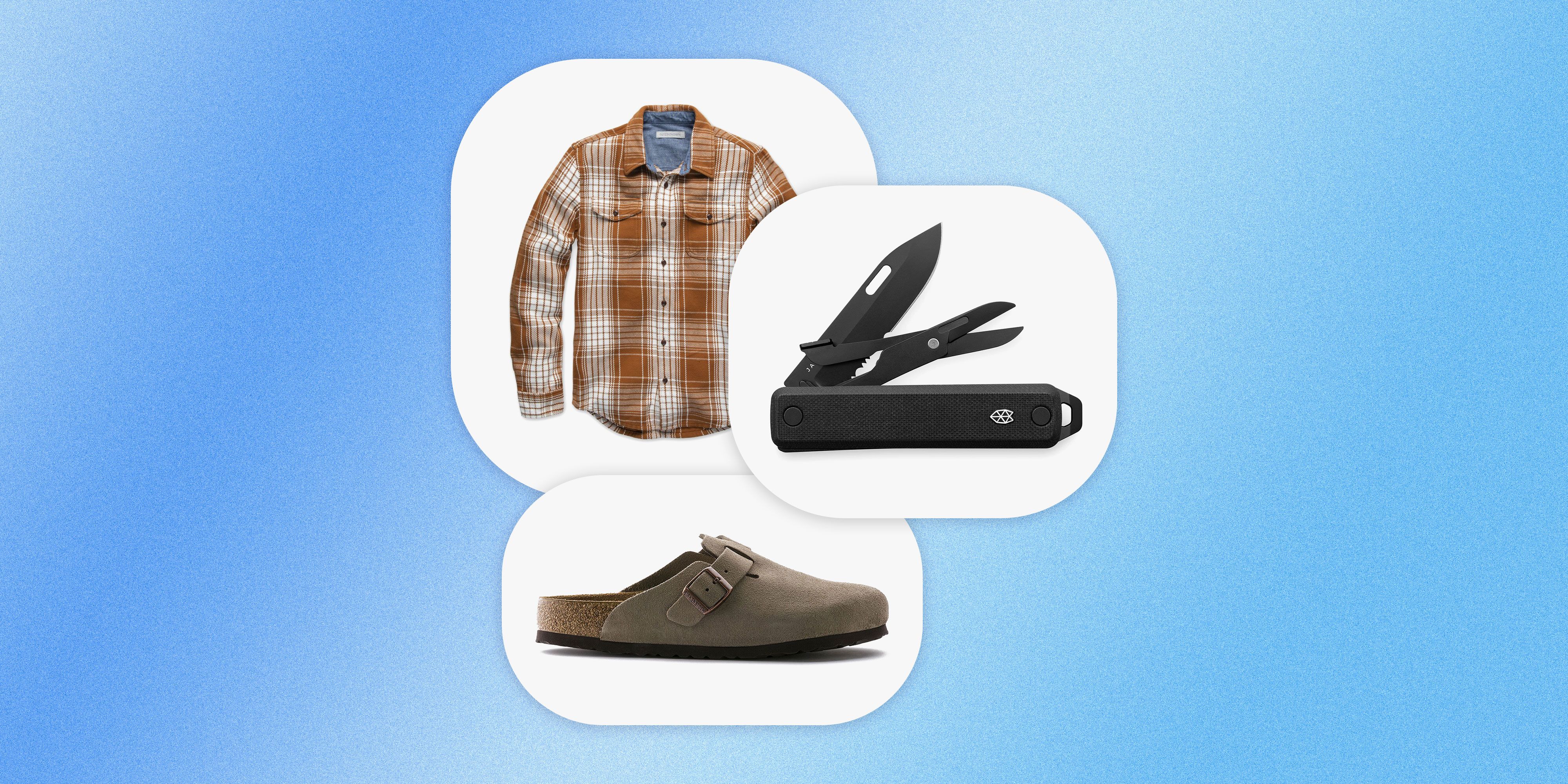the james brand the ellis knife, todd snyder birkenstock boston suede shoes, and outerknown blanket plaid shirt in cedar