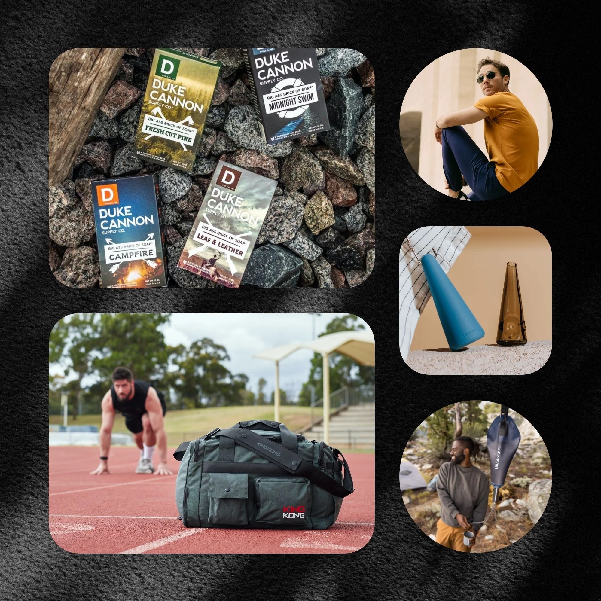 collage of duke cannon grooming bundle, king kong apparel plus26 backpack and plus33 duffel, lifestraw peak series water filtration, randolph usa authentic aviator sunglasses, and session goods curated starter kit