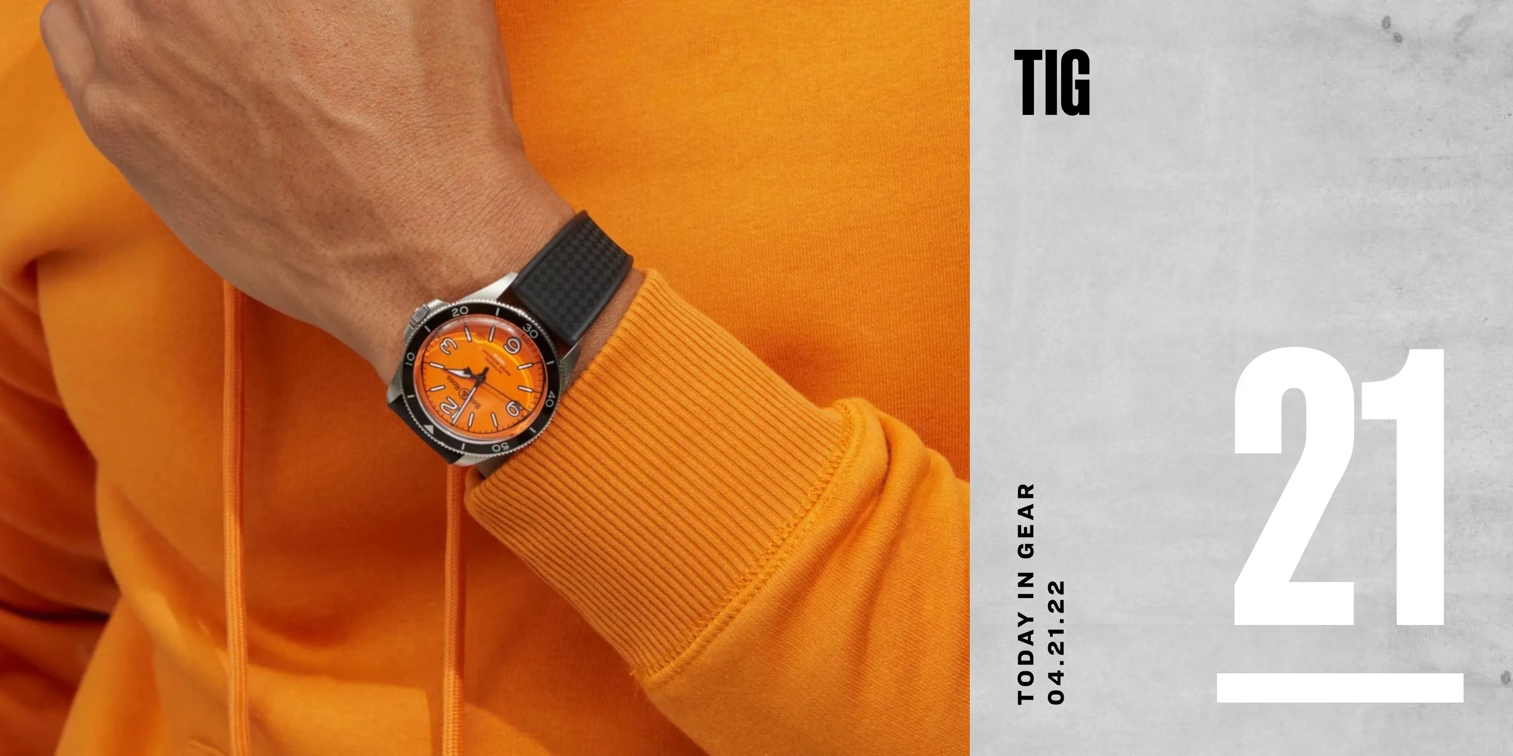 today in gear april 21 2022 bell and ross watch worn on a man's wrist in an orange sweater