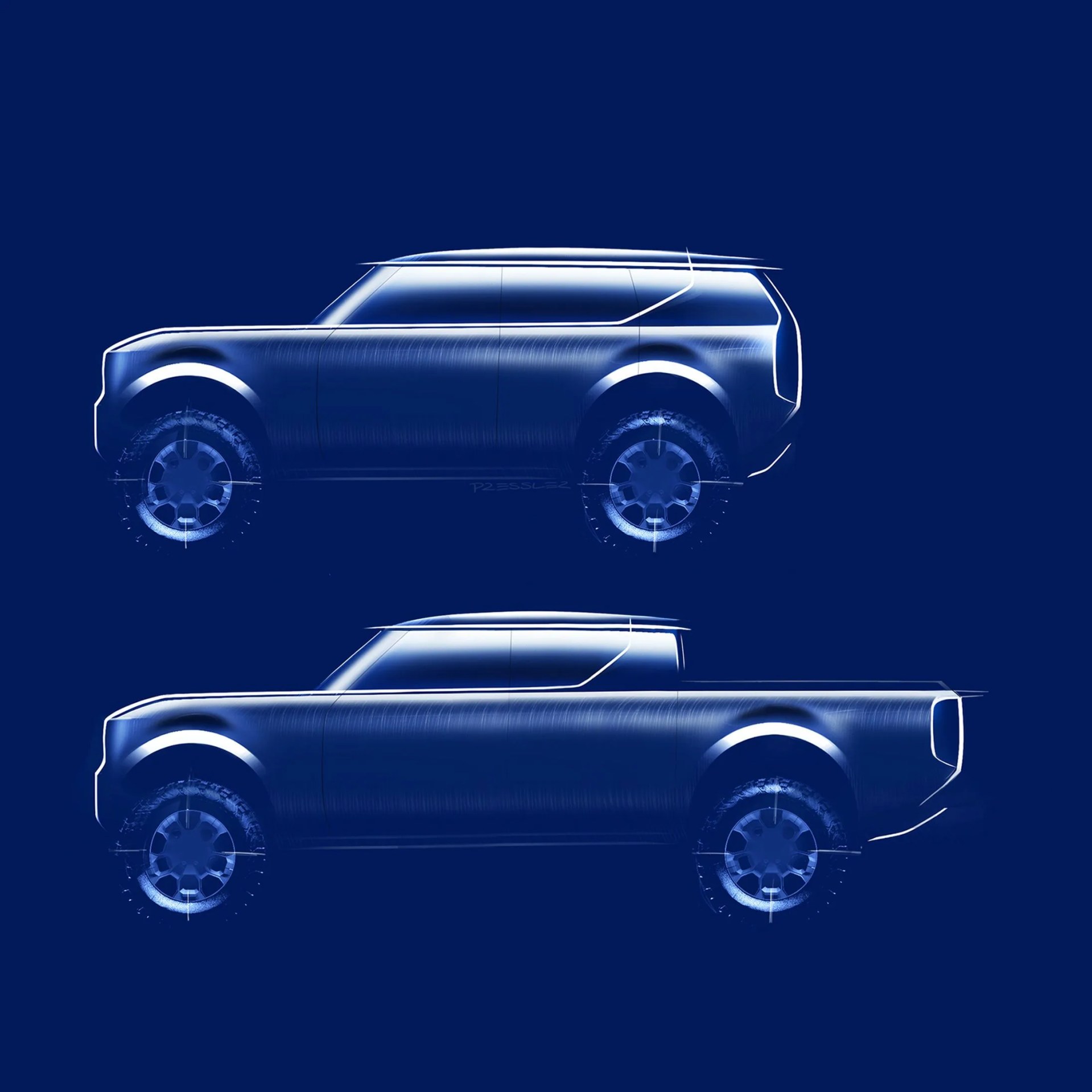 initial design sketch of new scout suv on a black background
