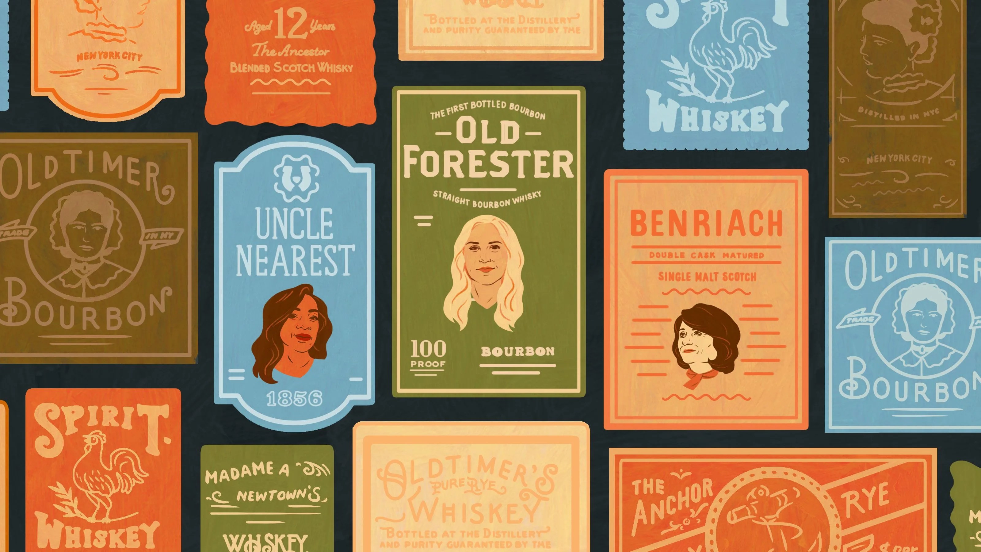 women on illustrated labels of whiskey featuring old timer bourbon, spirit whiskey, uncle nearest, madame a, old forester, old timer whiskey, benriach, the anchor rye