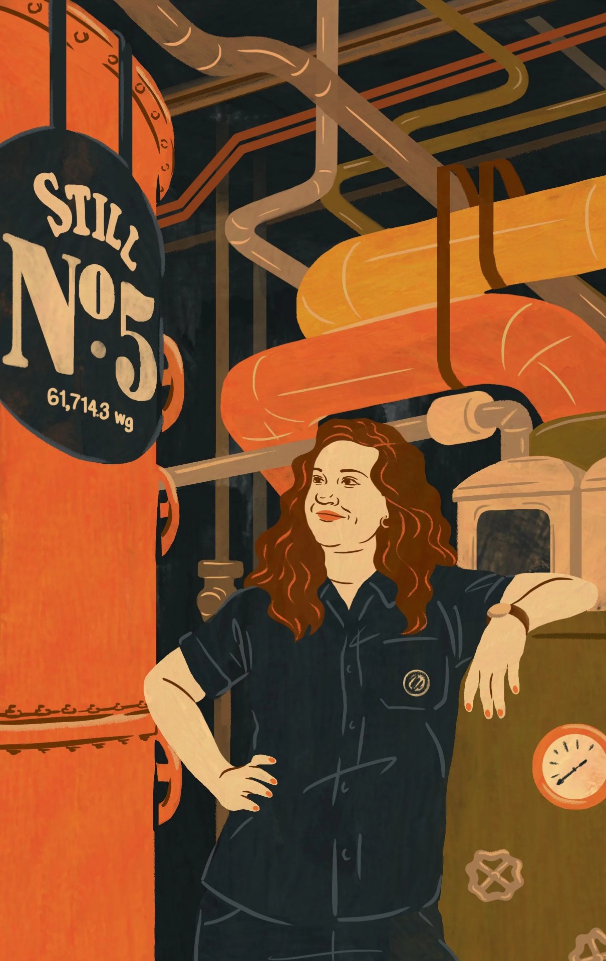 woman leaning on a machine inside a whiskey factory