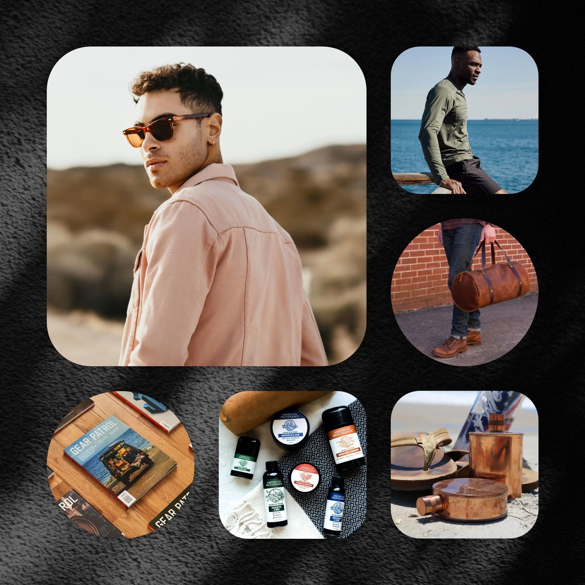 collage of american provenance hair care products, american optical eyewear, go forth goods, jacob bromwell, man wearing olivers shirt, and gear patrol magazines