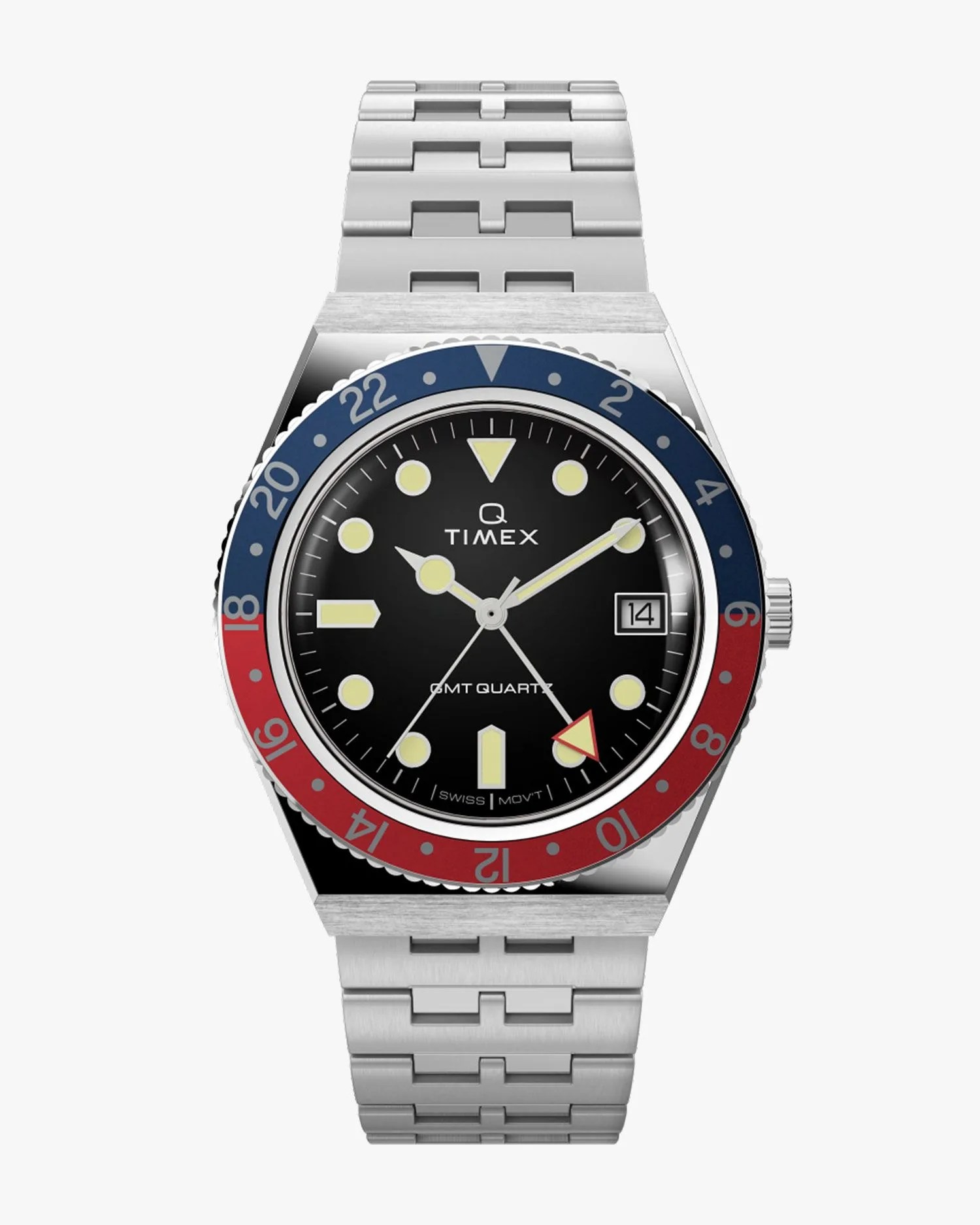 q timex gmt 38mm stainless steel bracelet watch