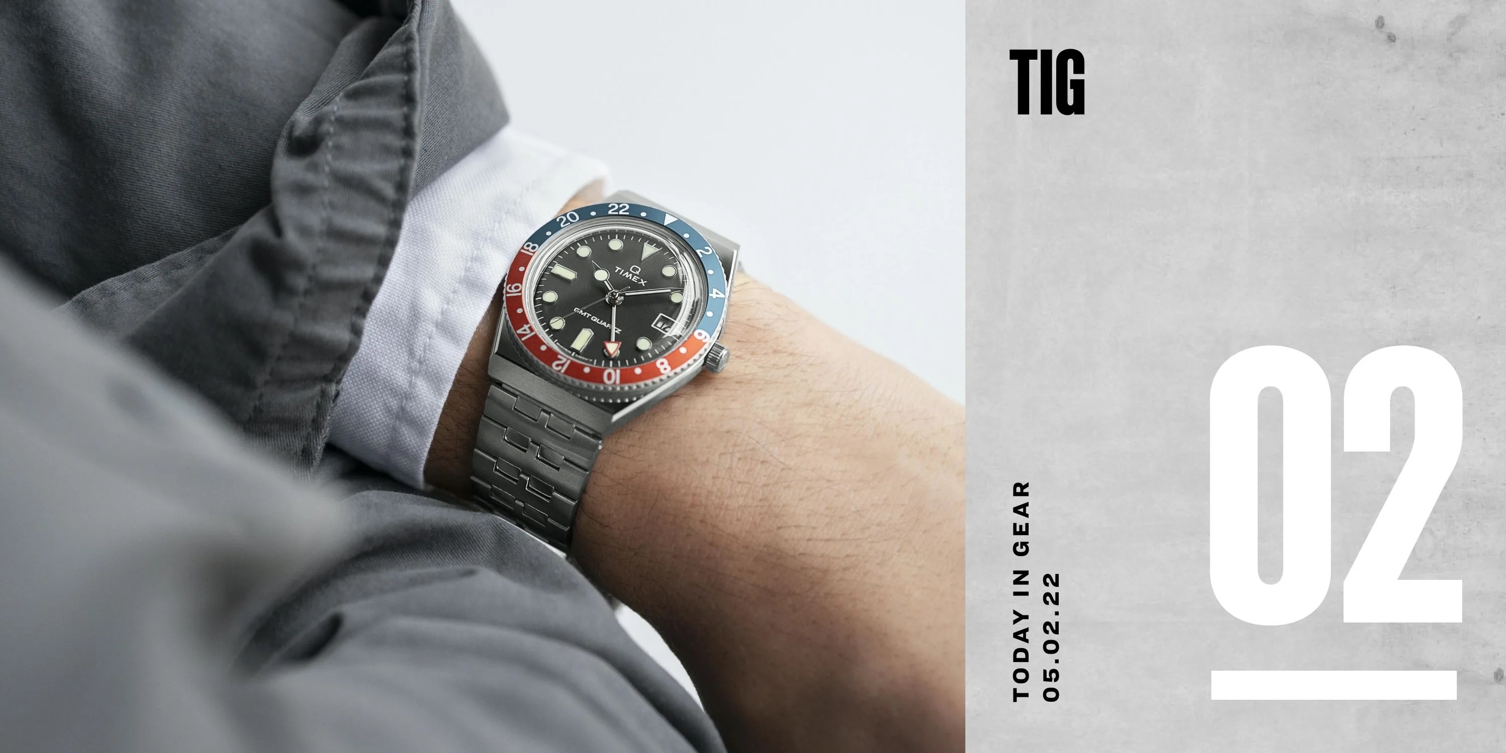 today in gear may 2 2022 q timex gmt 38mm stainless steel bracelet watch worn on wrist