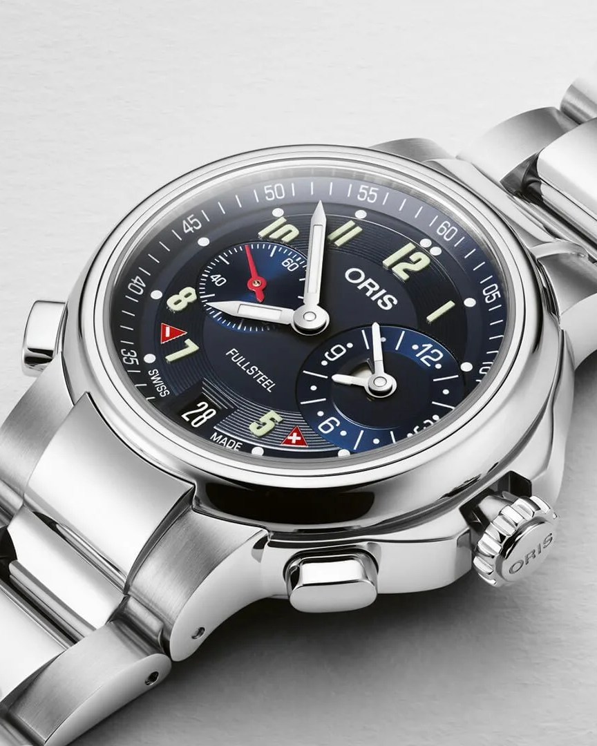 oris holstein edition watch with dark blue dial steel bracelet