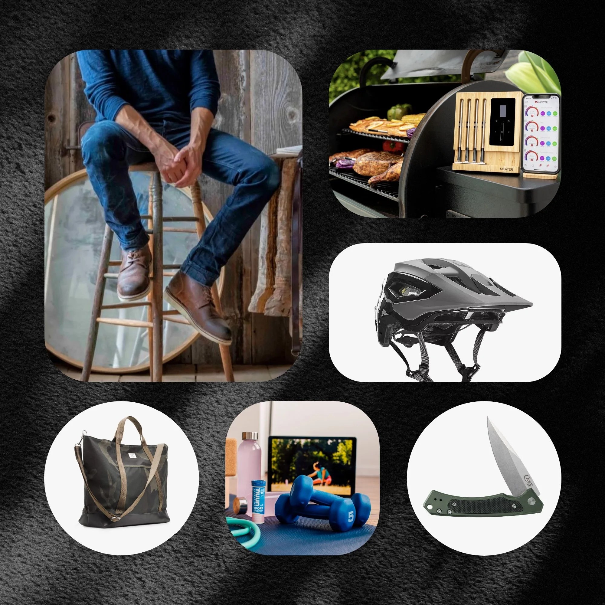 collage of products including nuun tablets next to a set of weights a fox racing helmet a case knives knife milwaukee boot co brown leather boots, a meater block next to a grill and a camo billykirk bag