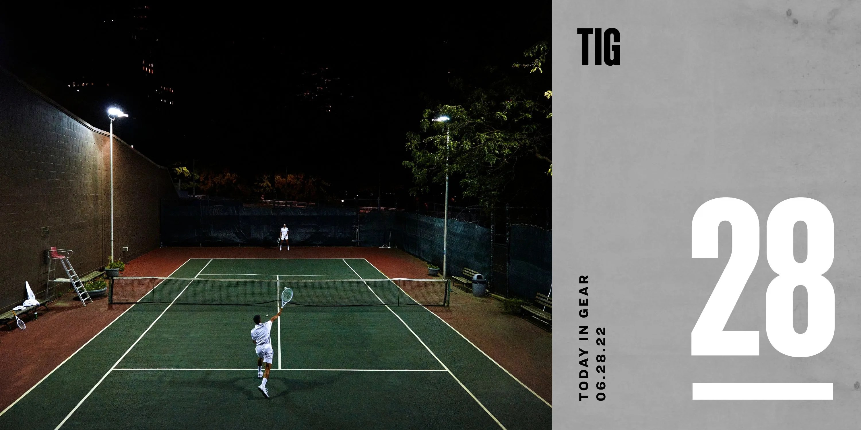 today in gear june 28 2022 two men playing on tennis court wearing reigning champ x prince tennis collection