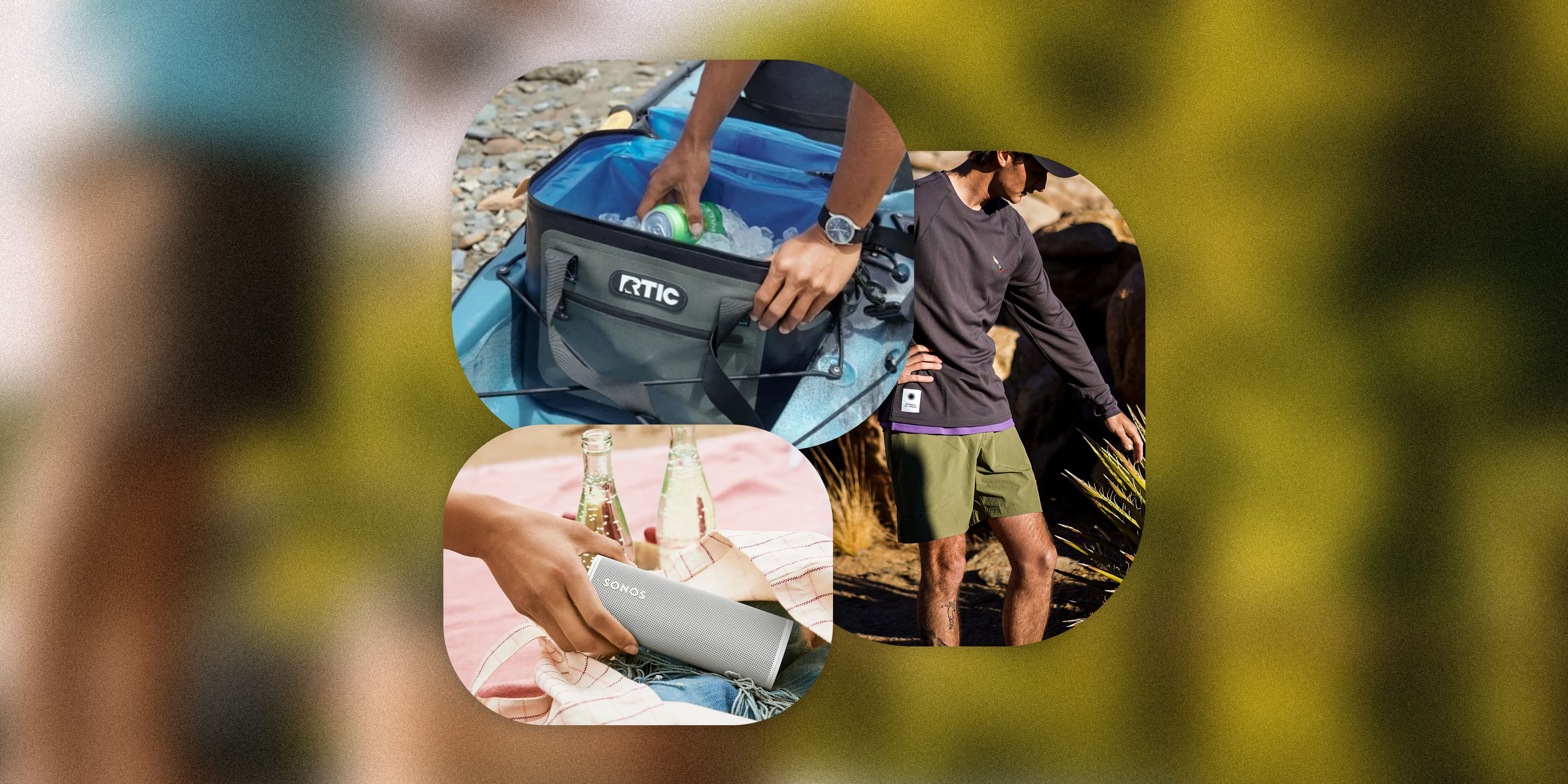 rtic cooler, man on a hiking trail, and someone reaching for a sonos speaker