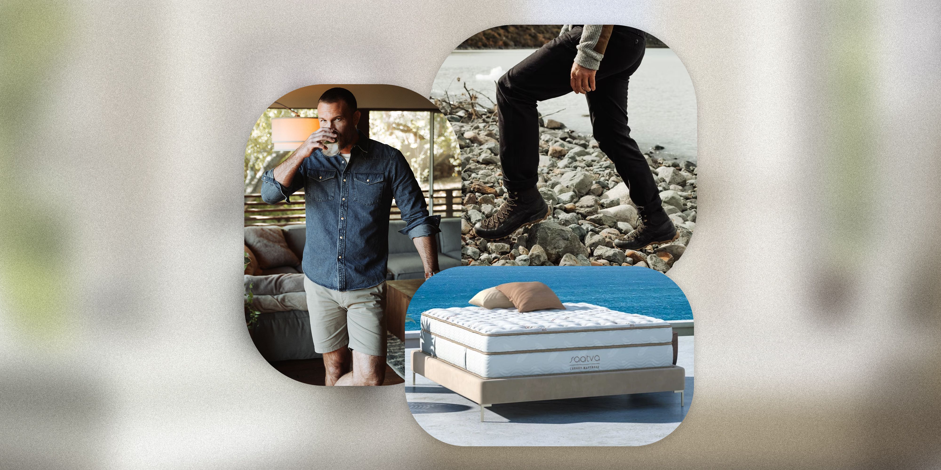collage of a man sipping a drink, someone walking on rocks with hiking boots and a mattress