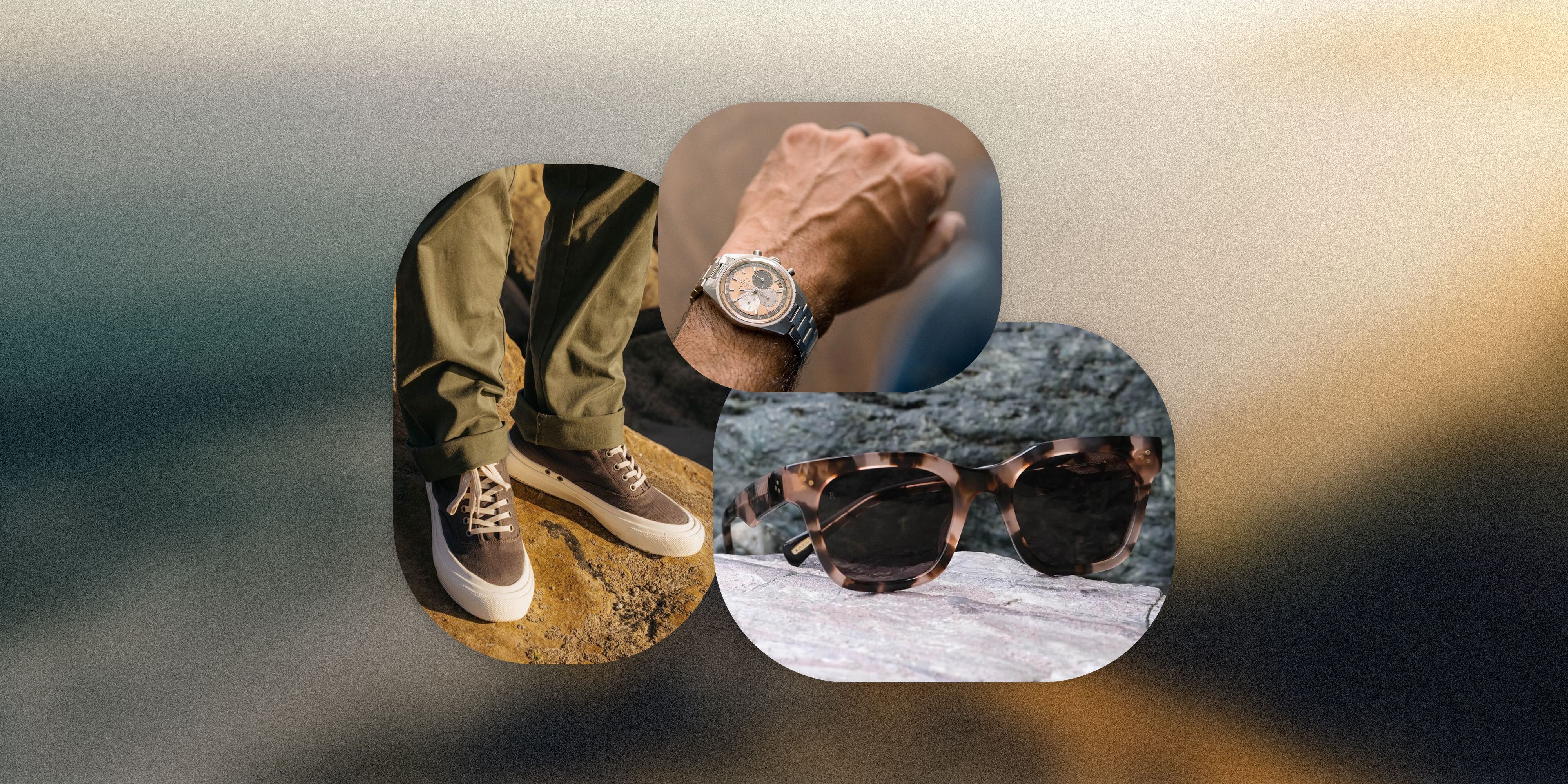 collage of someone wearing green pants and seavees shoes, a watch on a mans hand, and sunglasses sitting on a rock