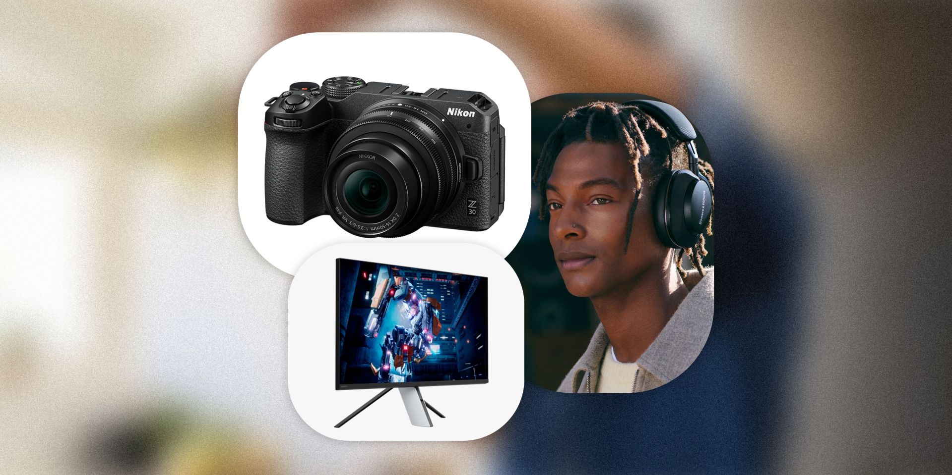 camera, tv, and man wearing headphones