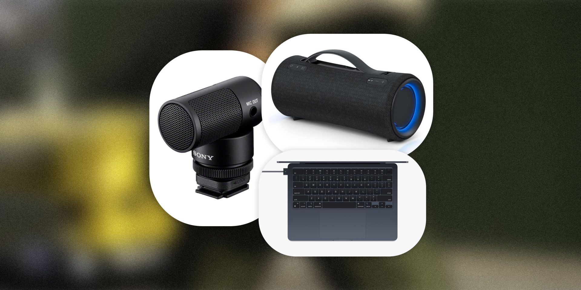 mic, speaker, and macbook with charger