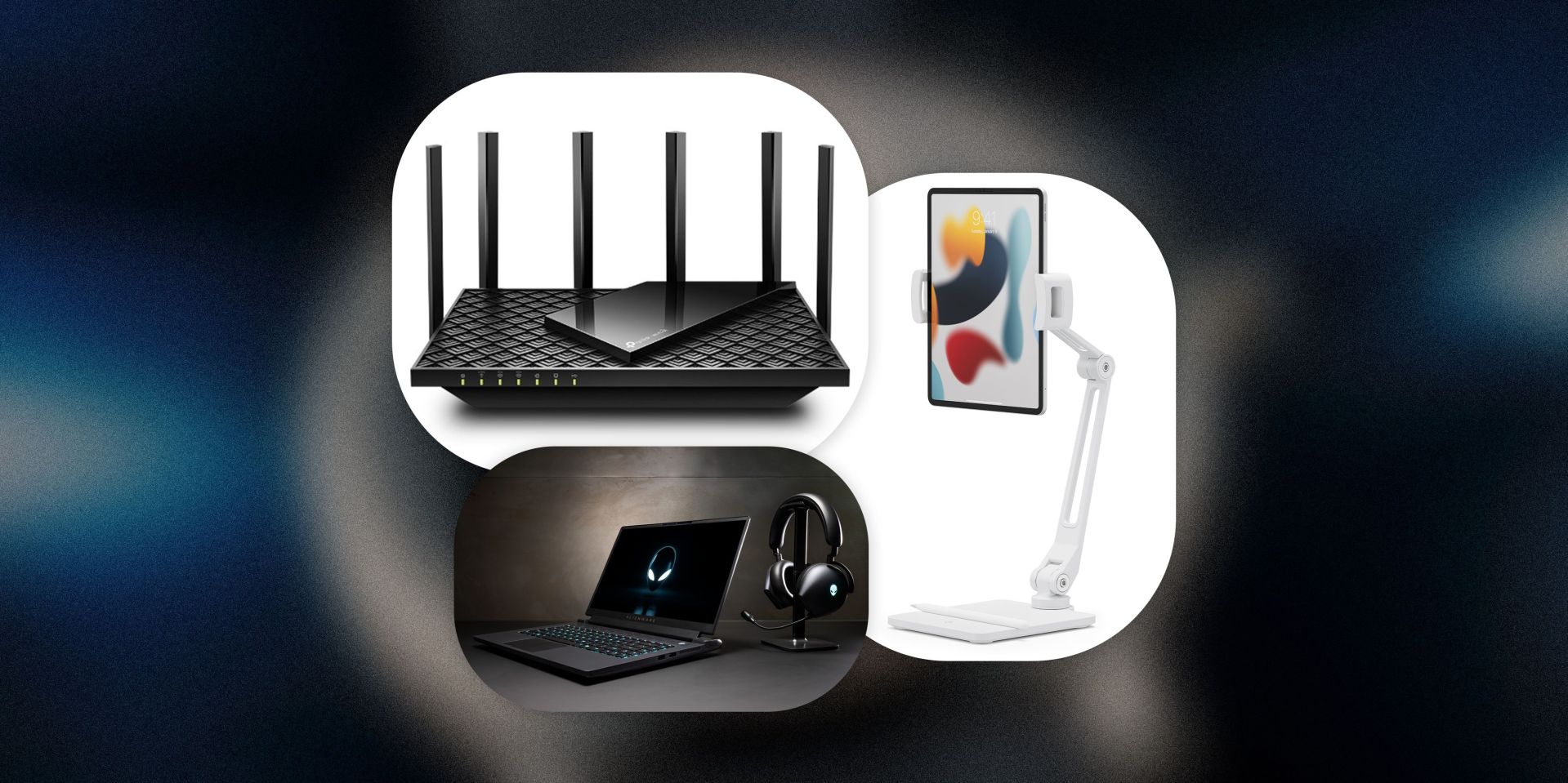 router, ipad stand, and an alien laptop with headphones
