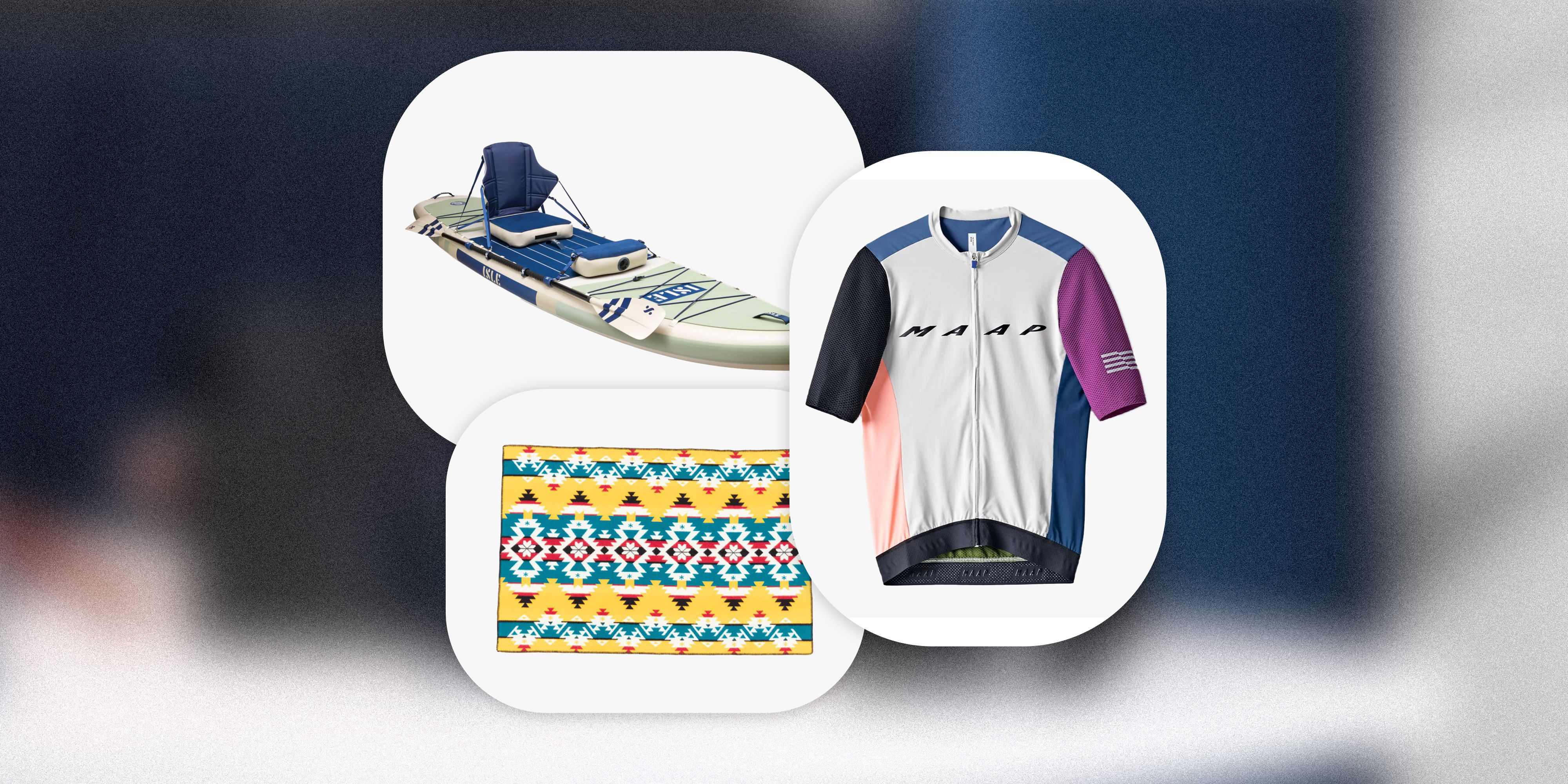 collage featuring a kayak, blanket and cycling jersey