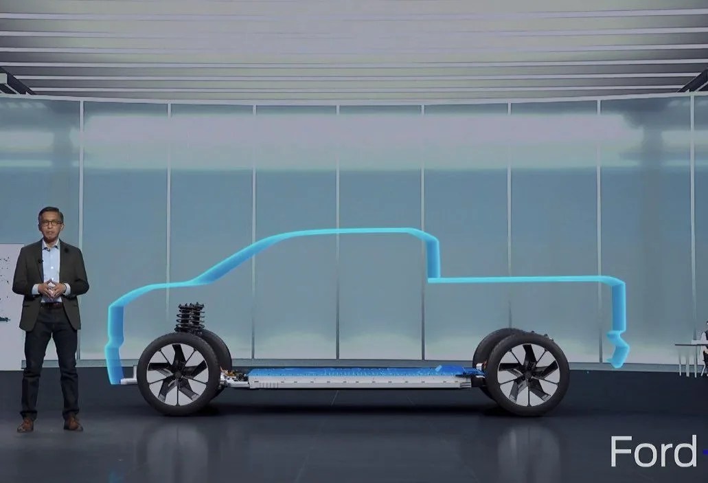 silhouette of an electric truck shown running a new ford ev platform