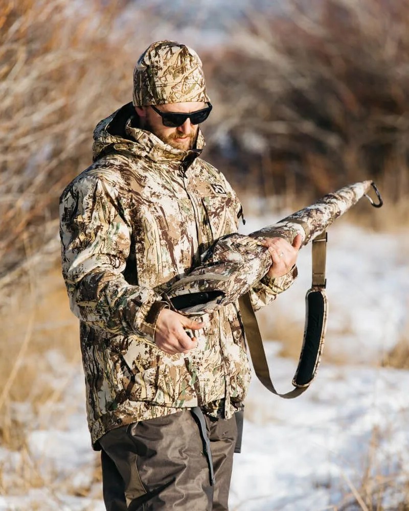 man wearing head to toe camo gear by first lite
