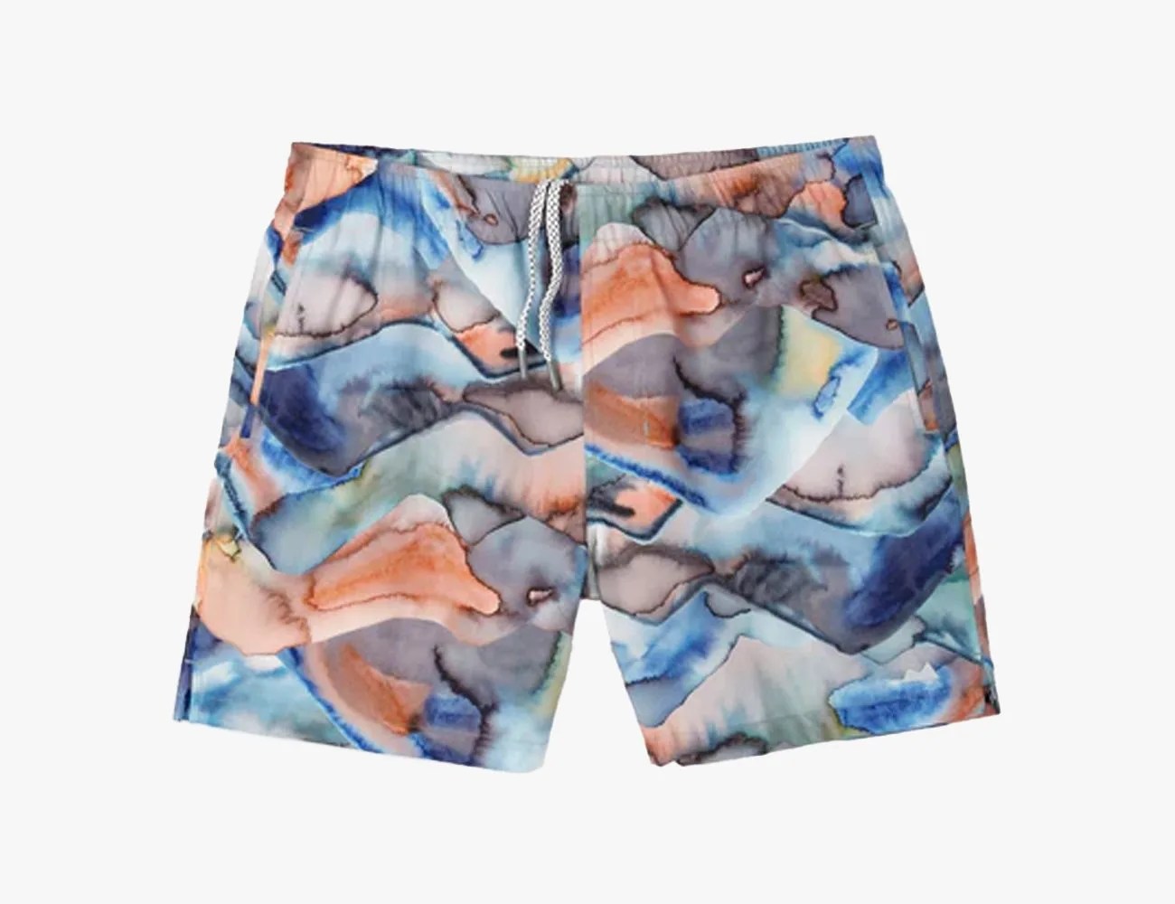 myles swim trunks with bright colored water color pattern