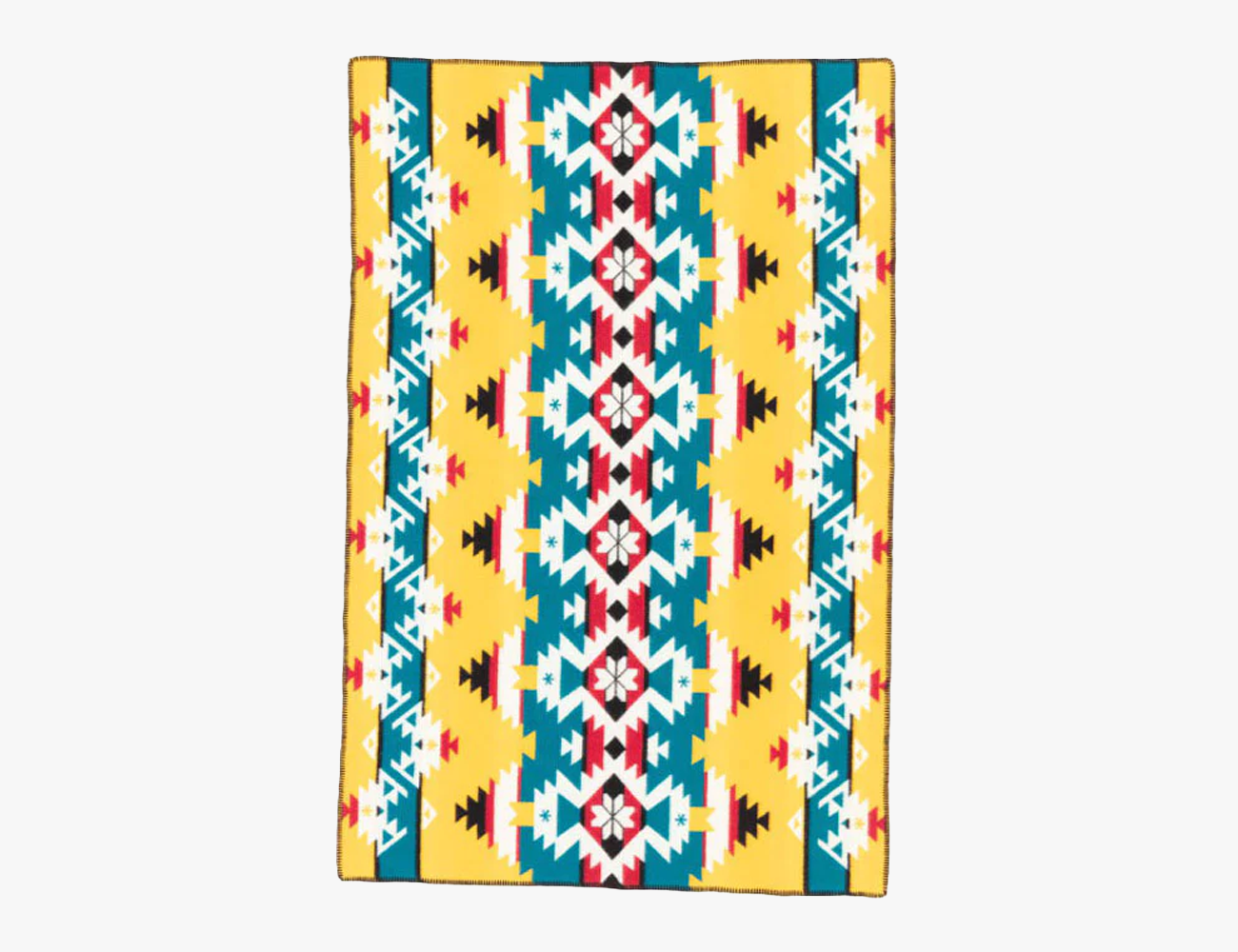 pendelton blanket with bright pattern in yellow red and blue