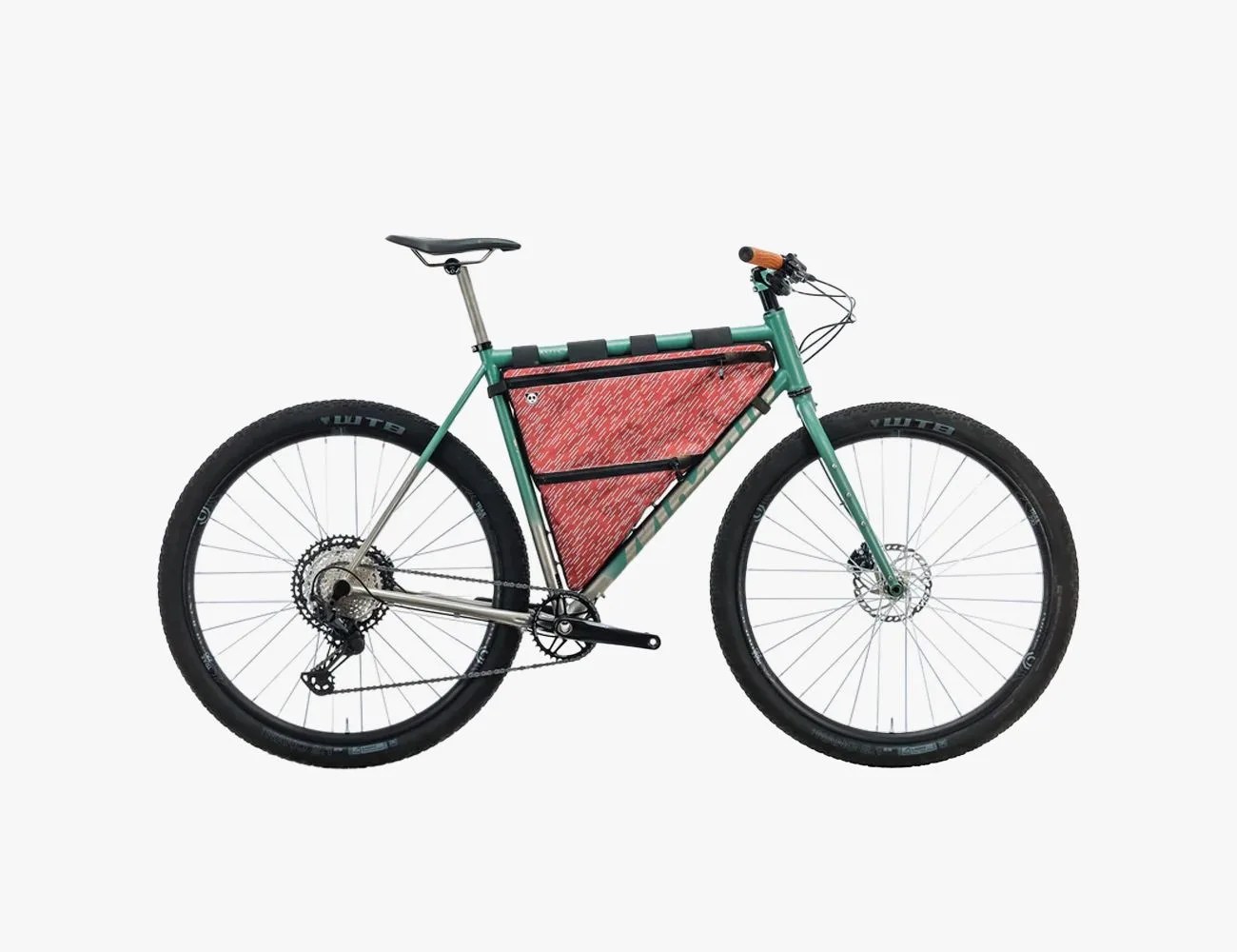 blue radavist trail bike with center frame bag in red