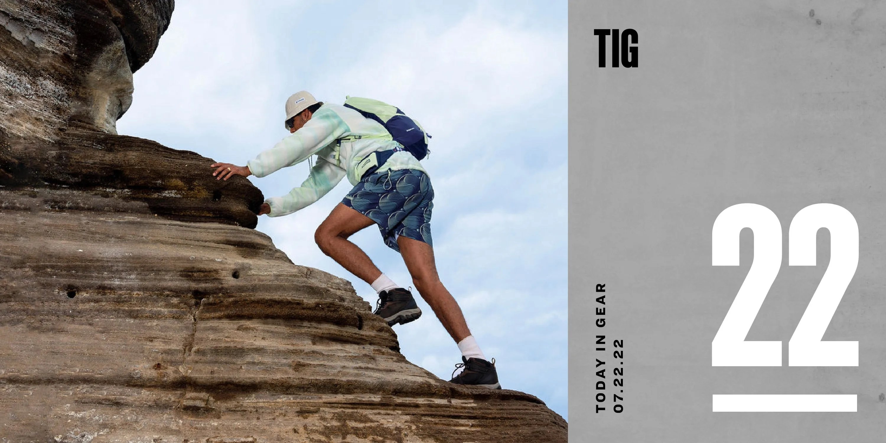 today in gear july 22 2022 man climbing rock formation wearing columbia x madhappy clothing