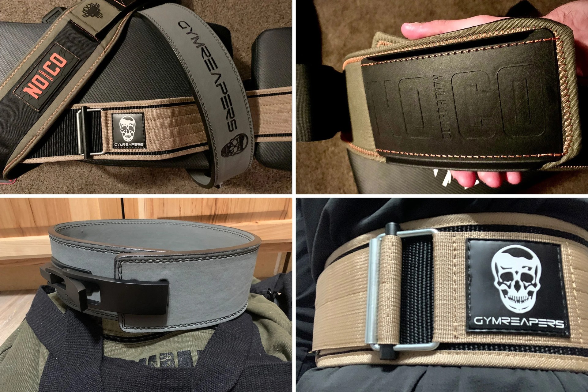 a collage featuring  2 gymreaper weightlifting belts and 1 noco weightlifting belt