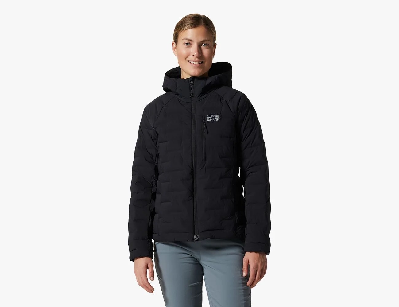 woman wearing a black Mountain Hardwear Stretchdown Hoody