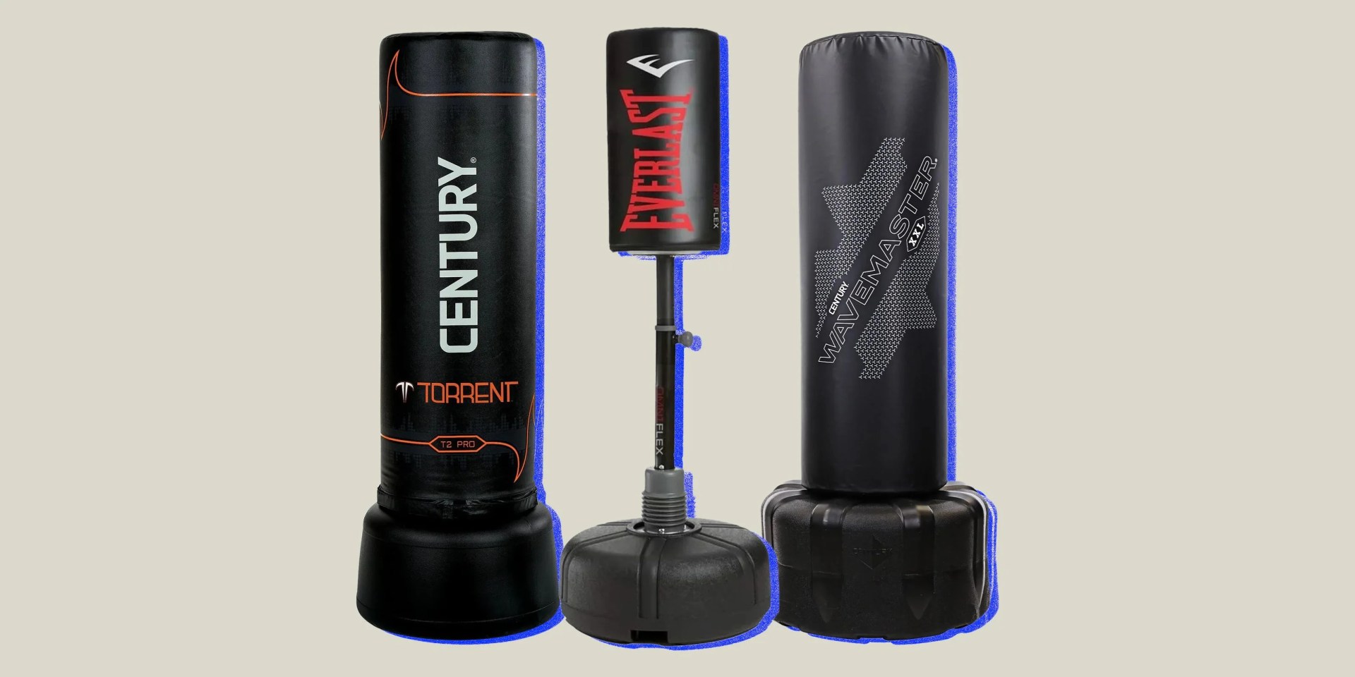 three different standing punching bags