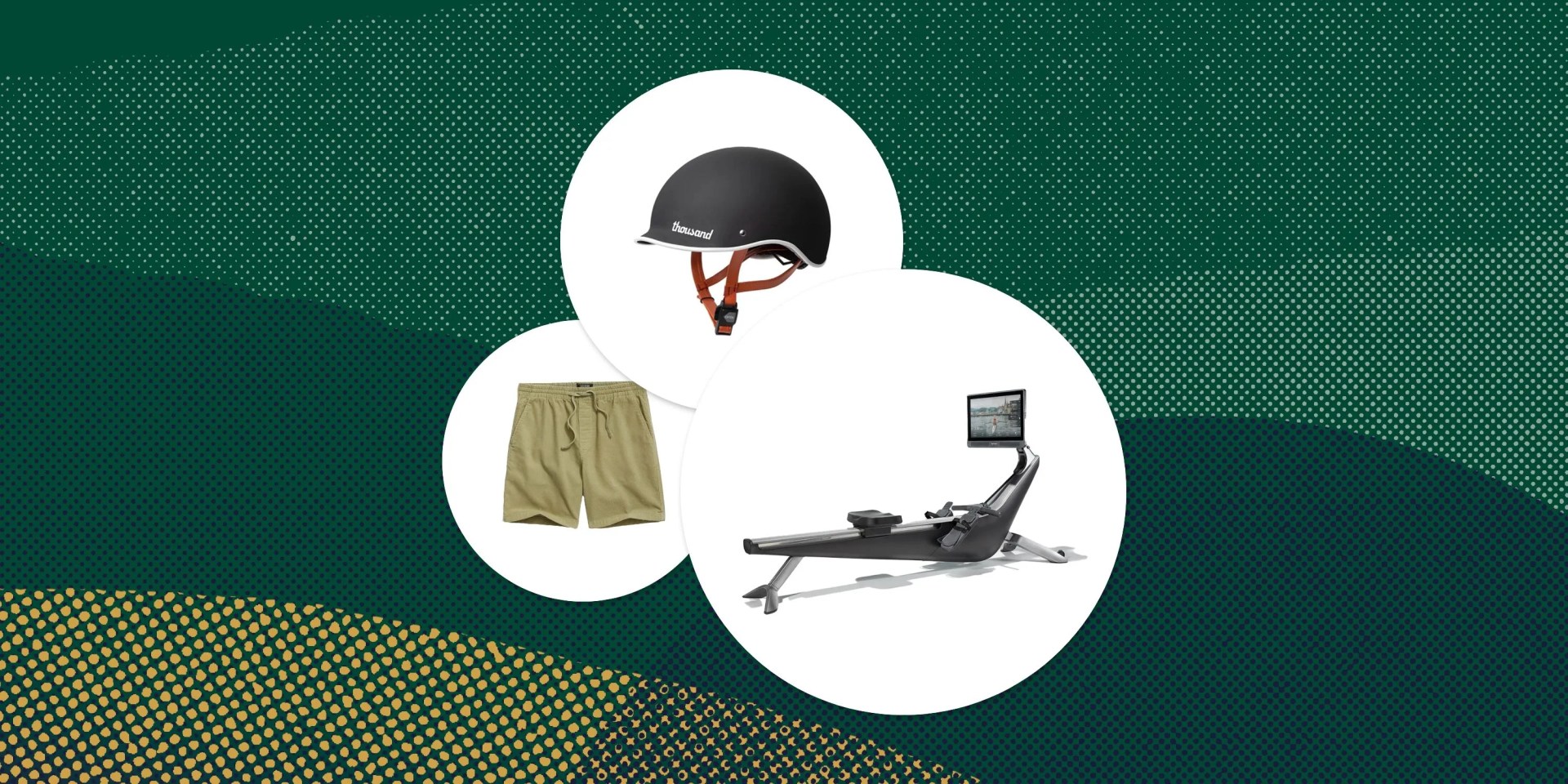 a collage featuring a helmet, corduroy shorts and a rowing maching