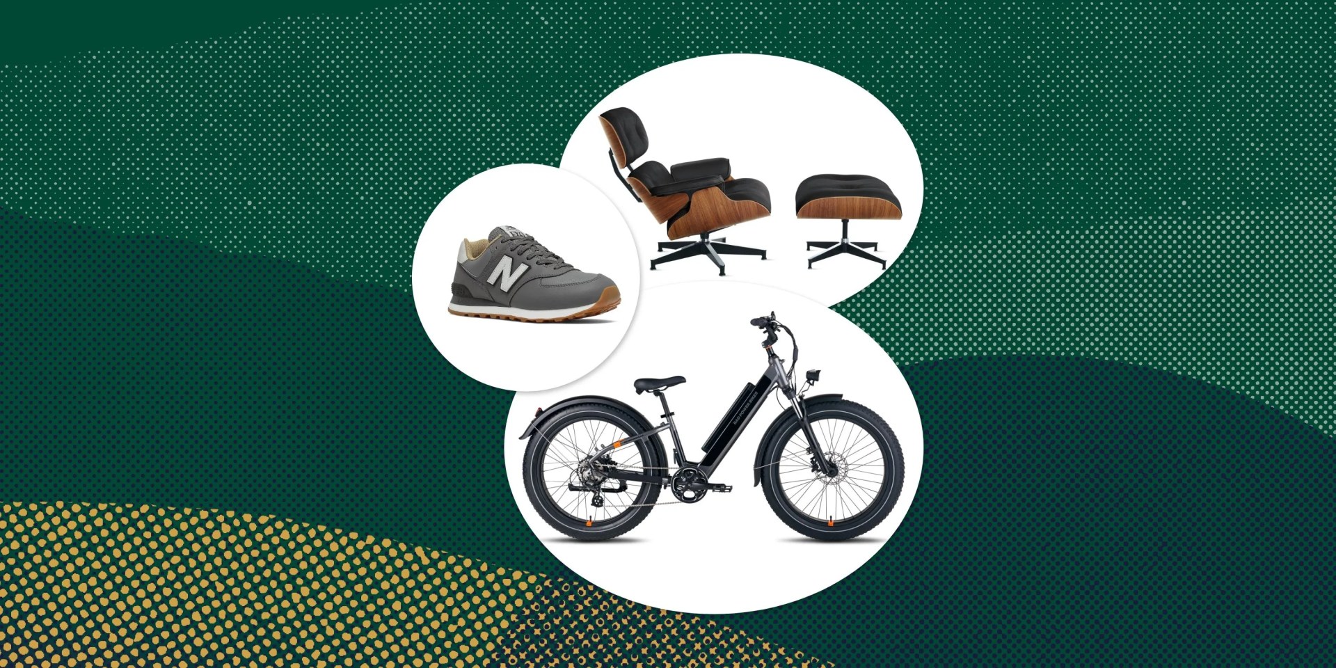 collage of a chair, new balance shoe, and bike