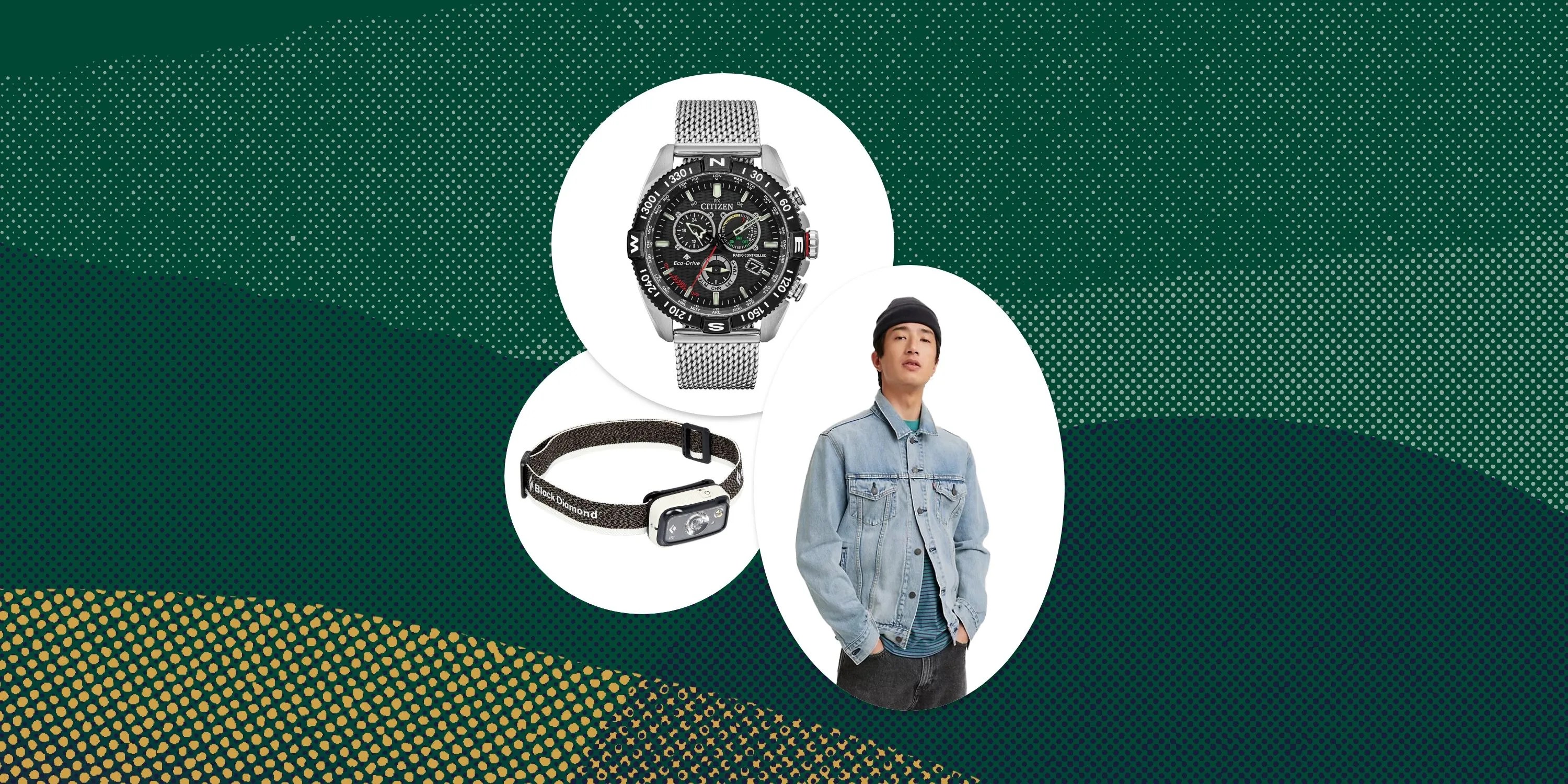 collage of a watch, headlamp, and man wearing a levis jean jacket with a beanie hat