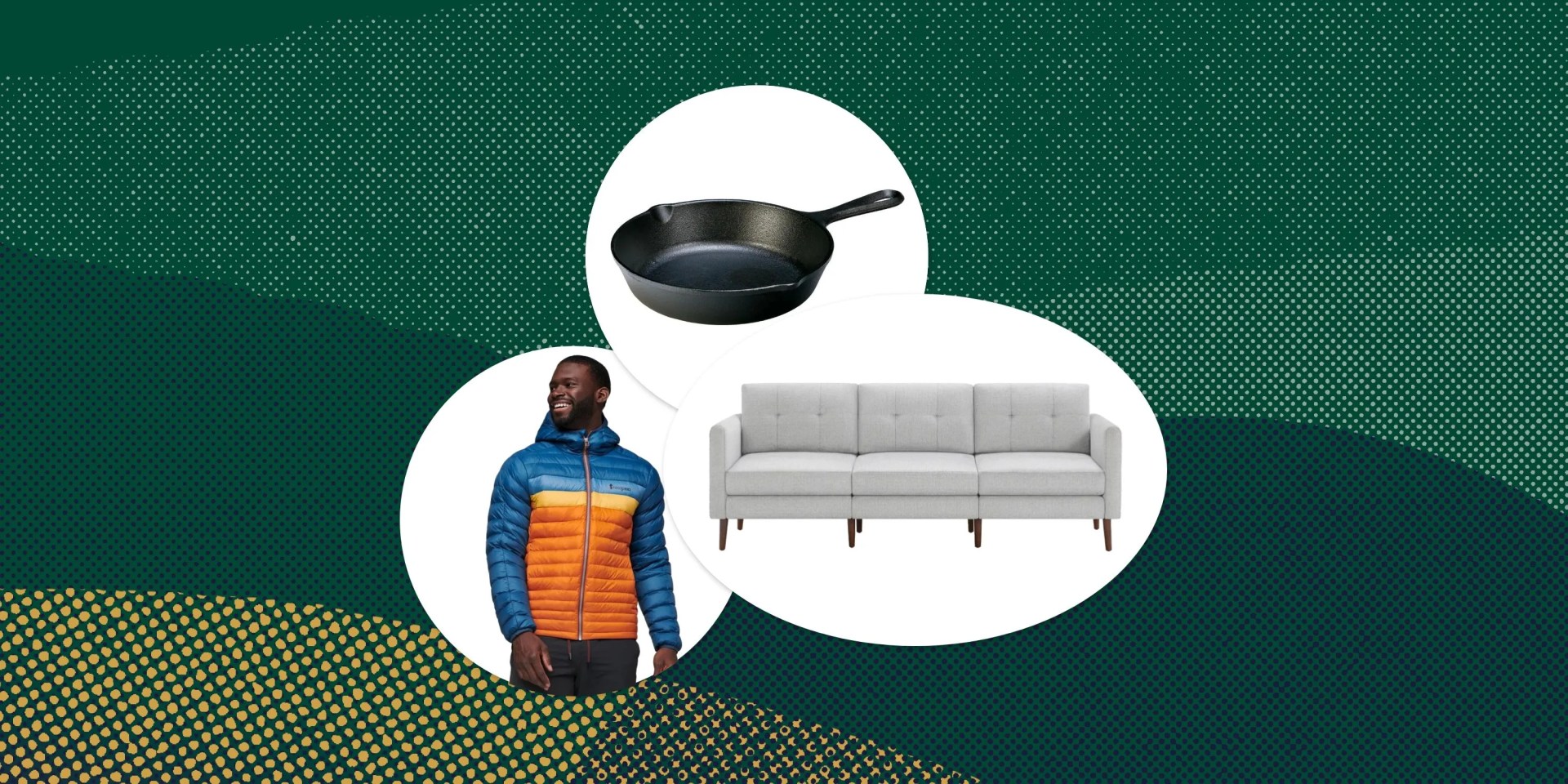 collage of man in a blue, yellow and orange jacket, cast iron pan, and couch