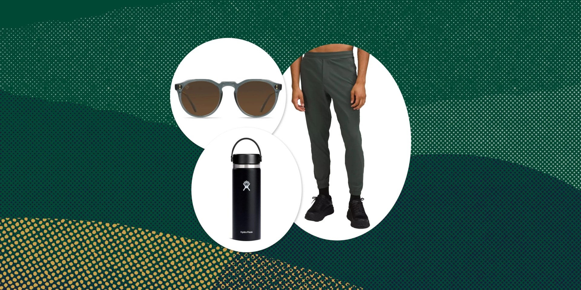 collage of sunglasses, hydroflask water bottle, and man wearing lululemon pants