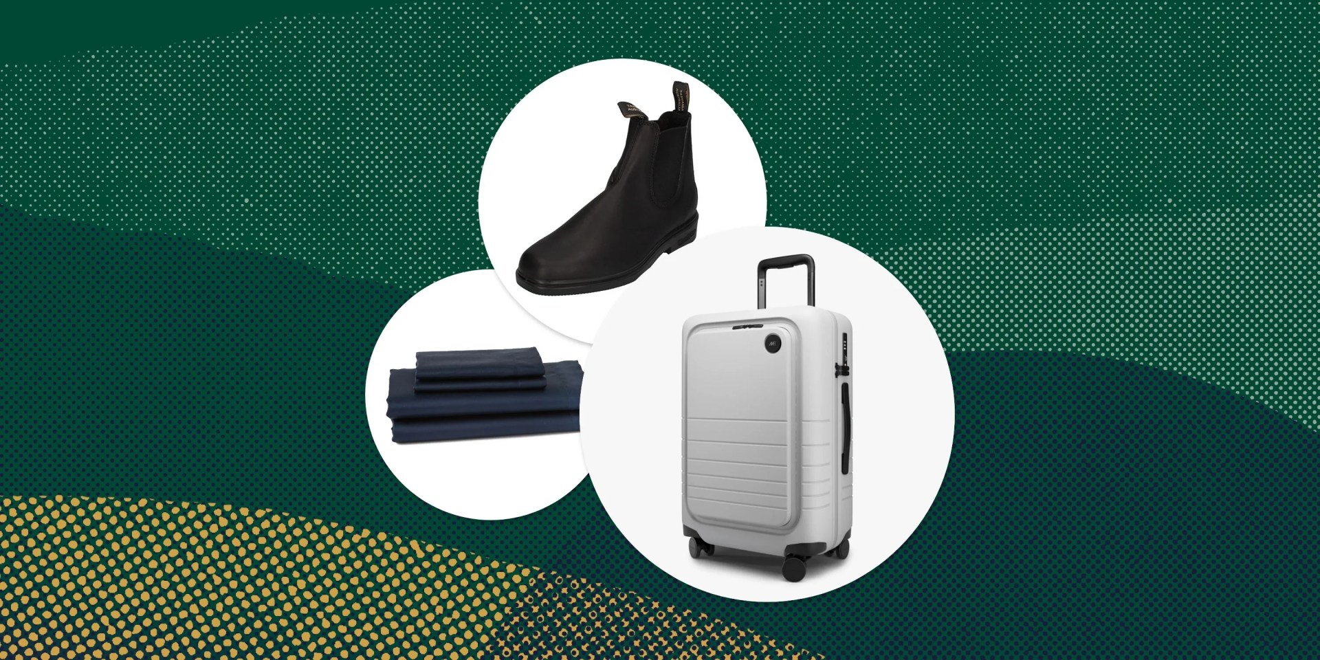 collage of blundstone chelsea boot, suitcase, and folded sheets