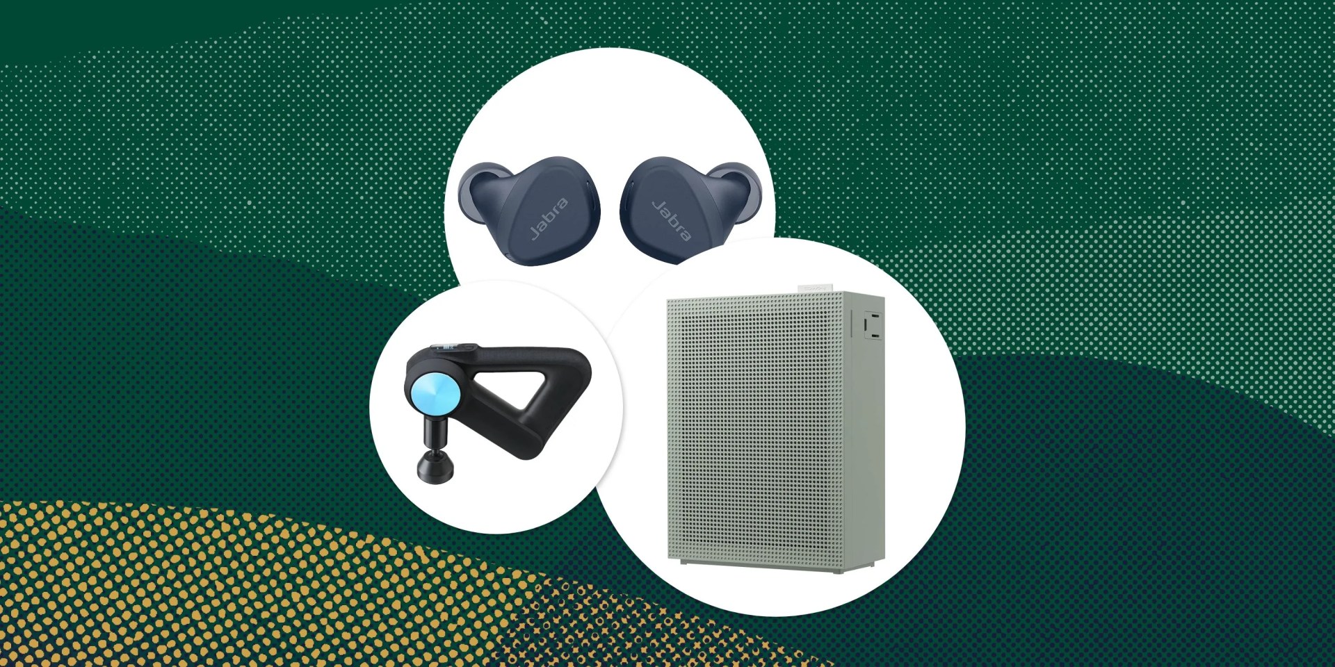 collage of earbuds, air purifier, and massage gun