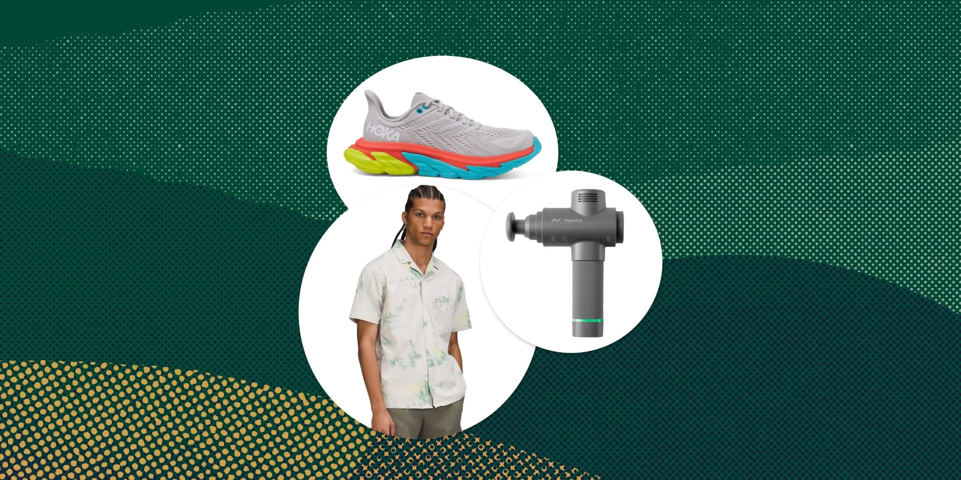 hyperice massage gun, man wearing a lululemon shirt, and a hoka shoe