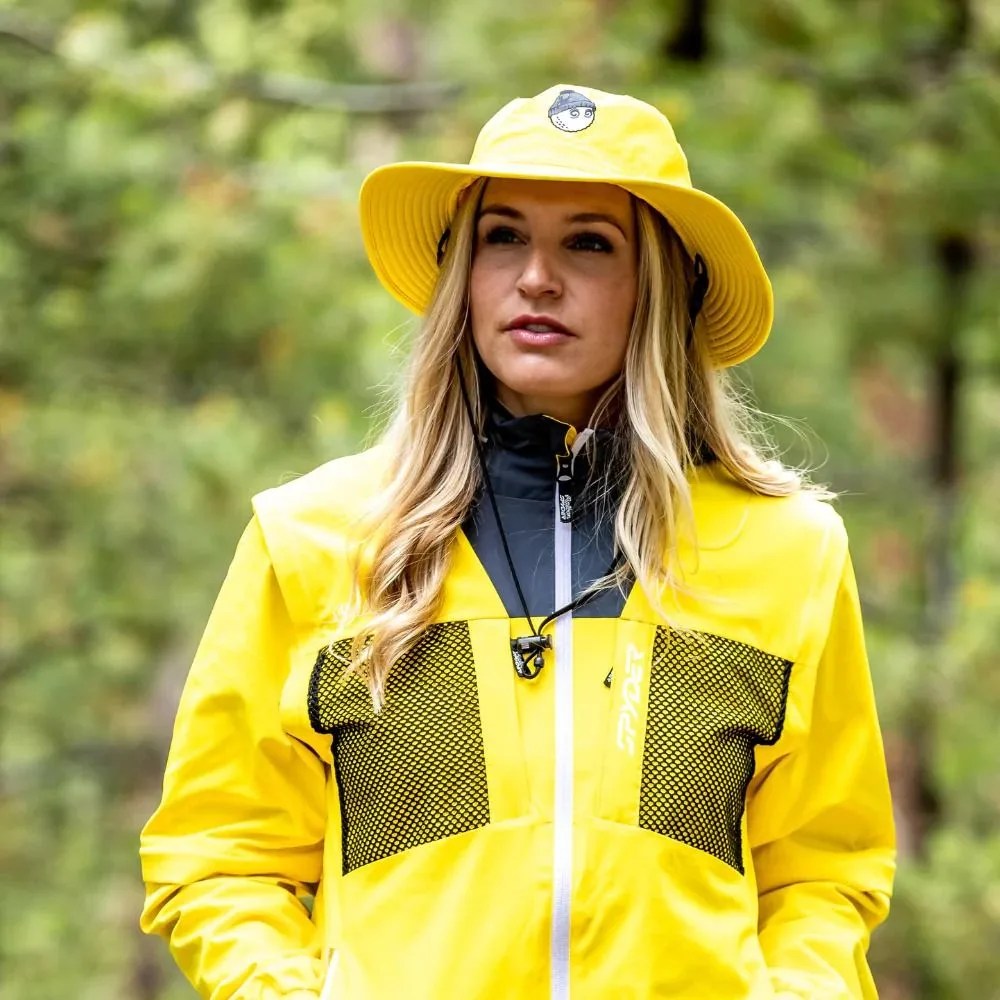 woman wearing malbon and spyder rain gear