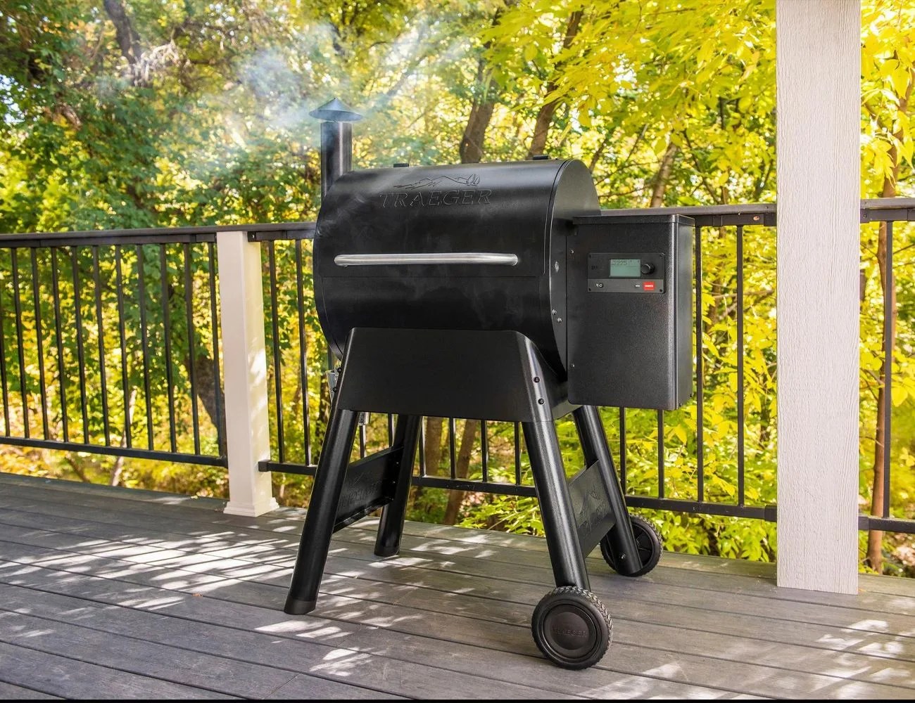 traeger pro 575 grill on a deck