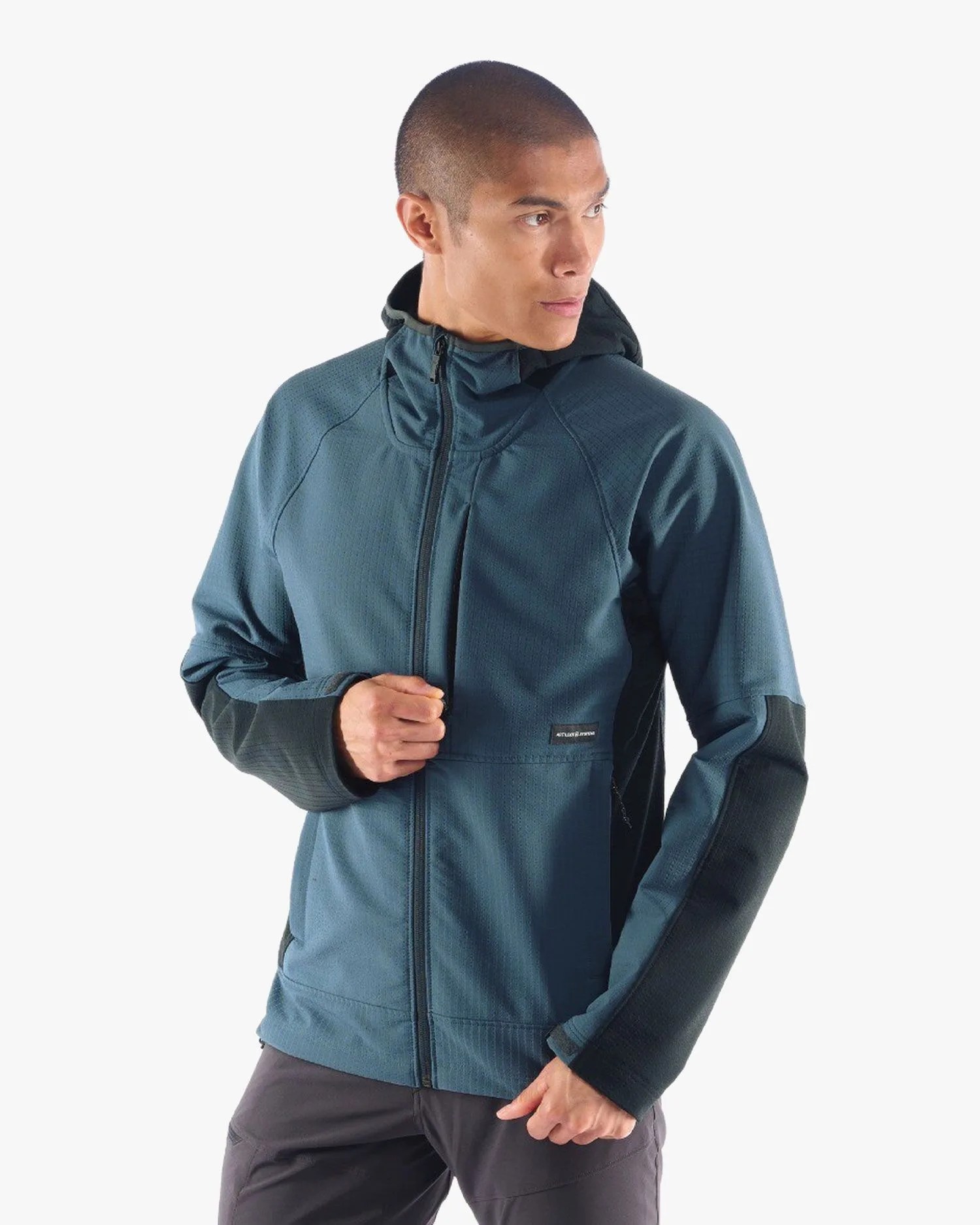 man wearing artilect intersect doubleweave jacket in dark slate