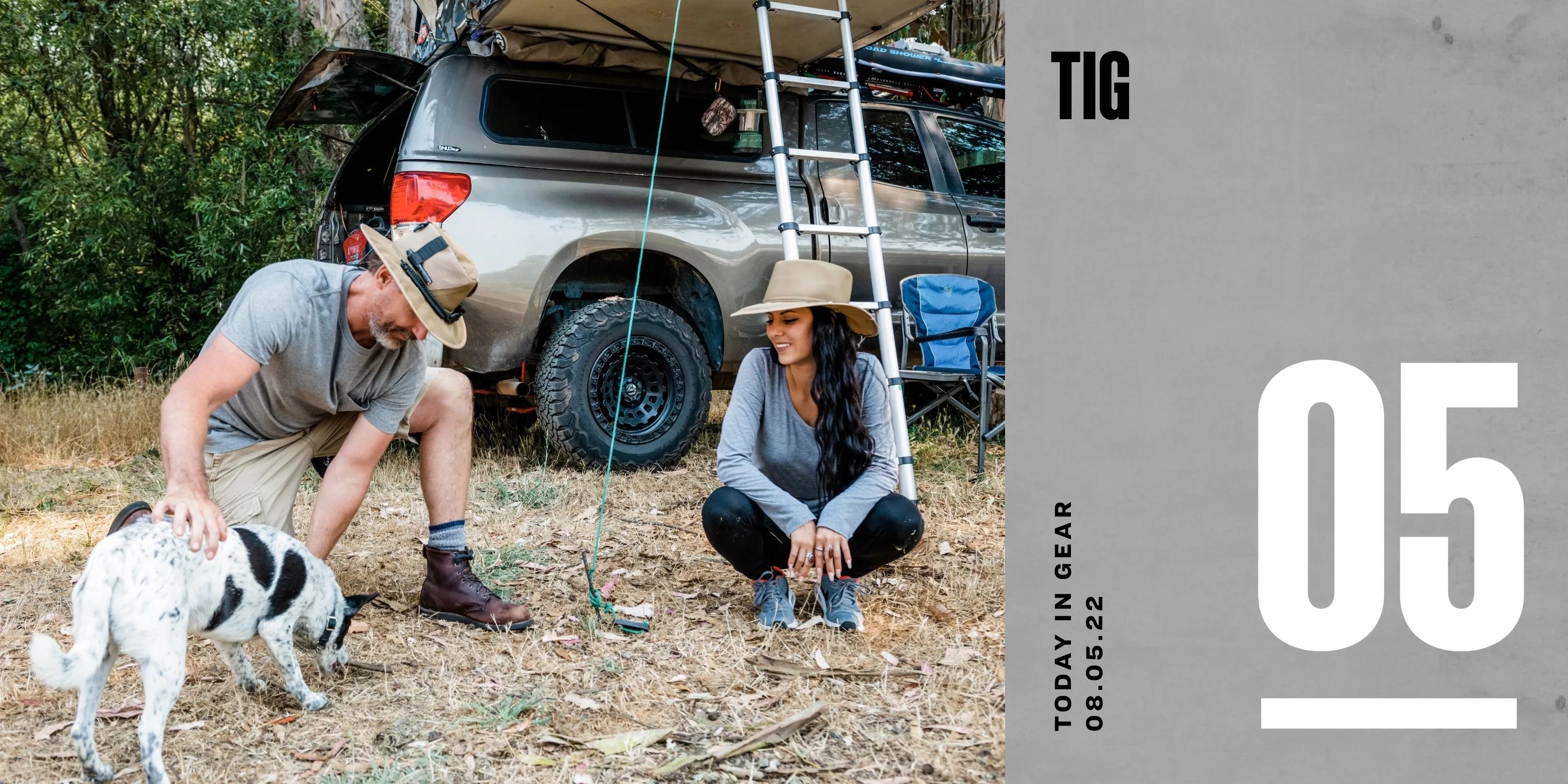 today in gear august 5 2022 man wearing the tactical extreme survival prepper sun hat crouching down next to a woman while petting dog