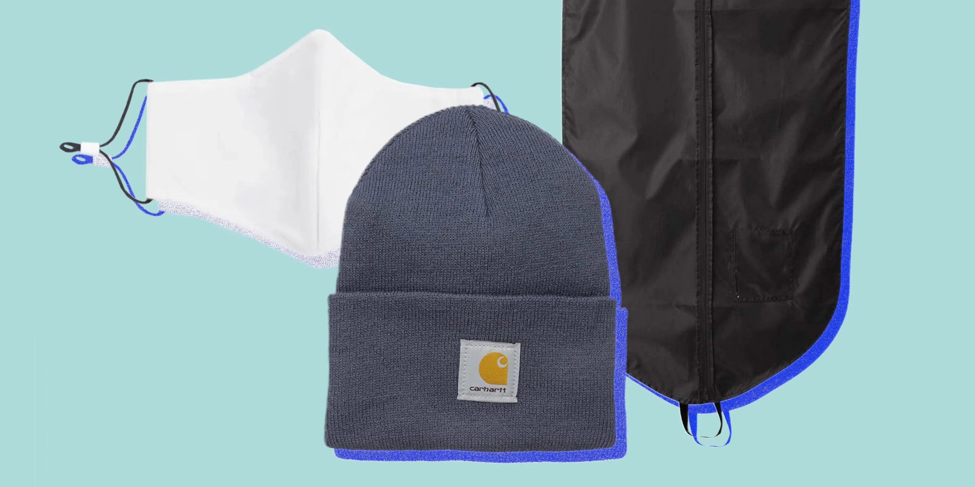 mask, knit hat, garment bag